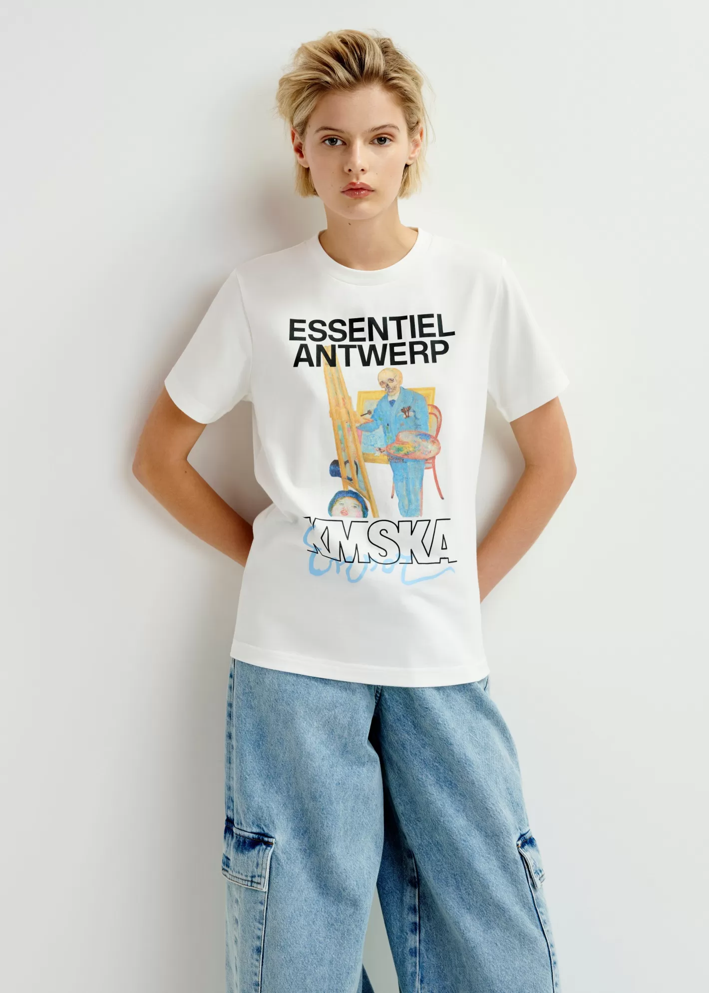 Fashion Ecru organic cotton-jersey 'Skeleton Painter' T-shirt - collaboration with KMSKA KMSKA X Essentiel Antwerp | T-shirts