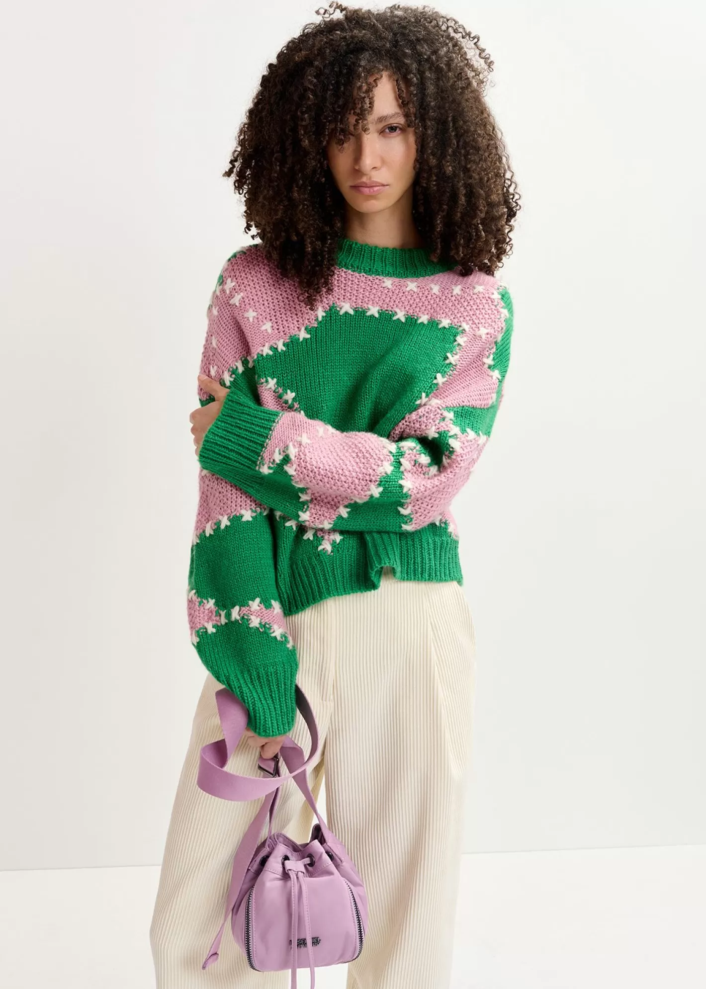 Store Green and light pink patchwork knit sweater Fall 2024 Collection | Sweaters & Cardigans