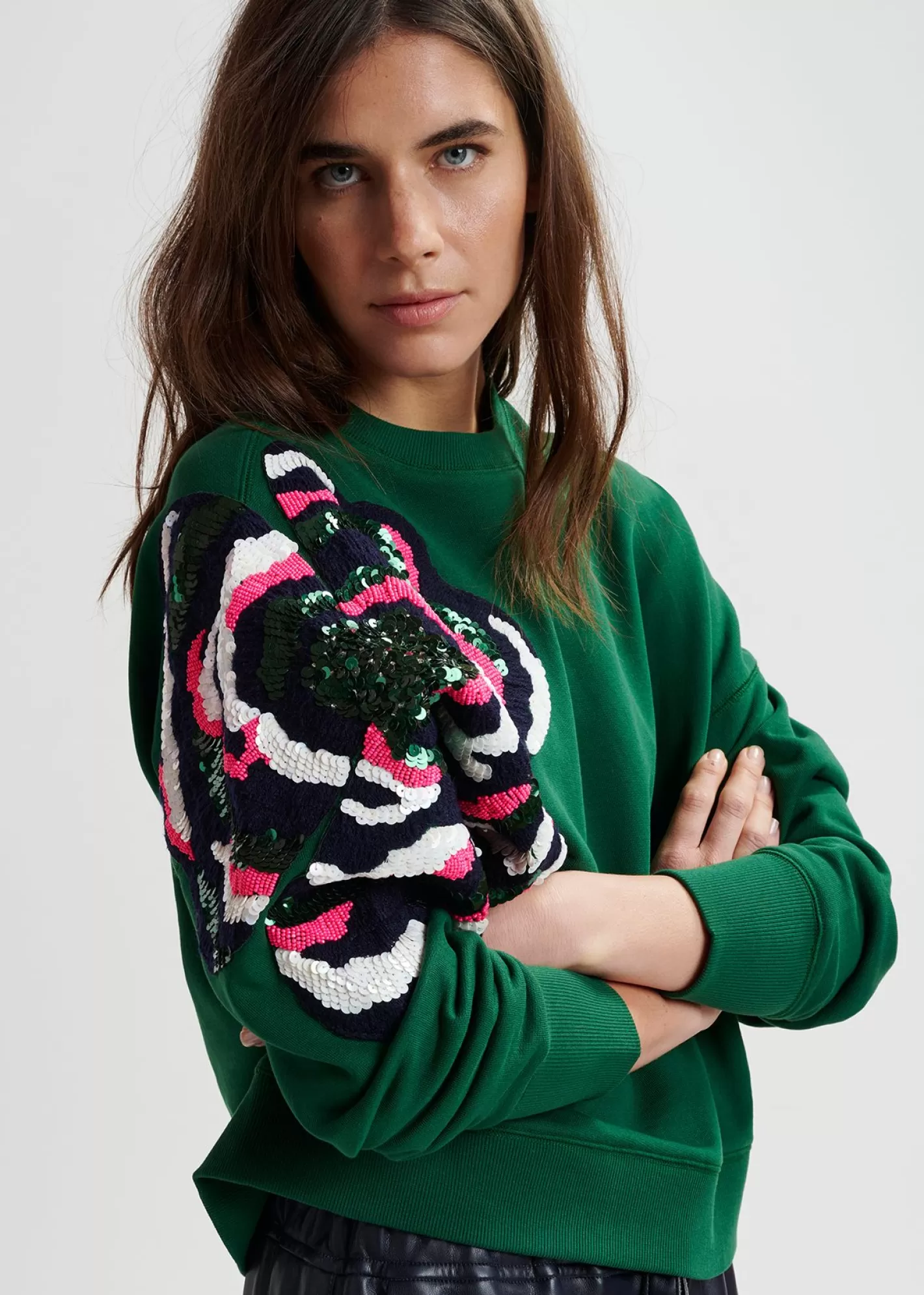 Best Sale Green organic cotton sweatshirt with sequin and bead embroideries Fall 2024 Collection | Sweatshirts