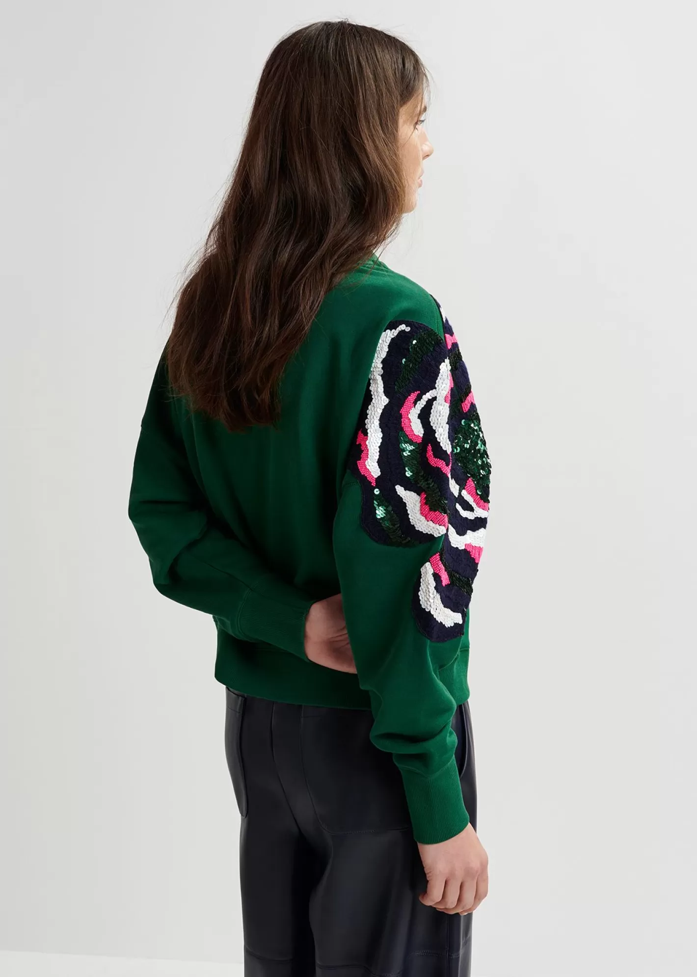Best Sale Green organic cotton sweatshirt with sequin and bead embroideries Fall 2024 Collection | Sweatshirts