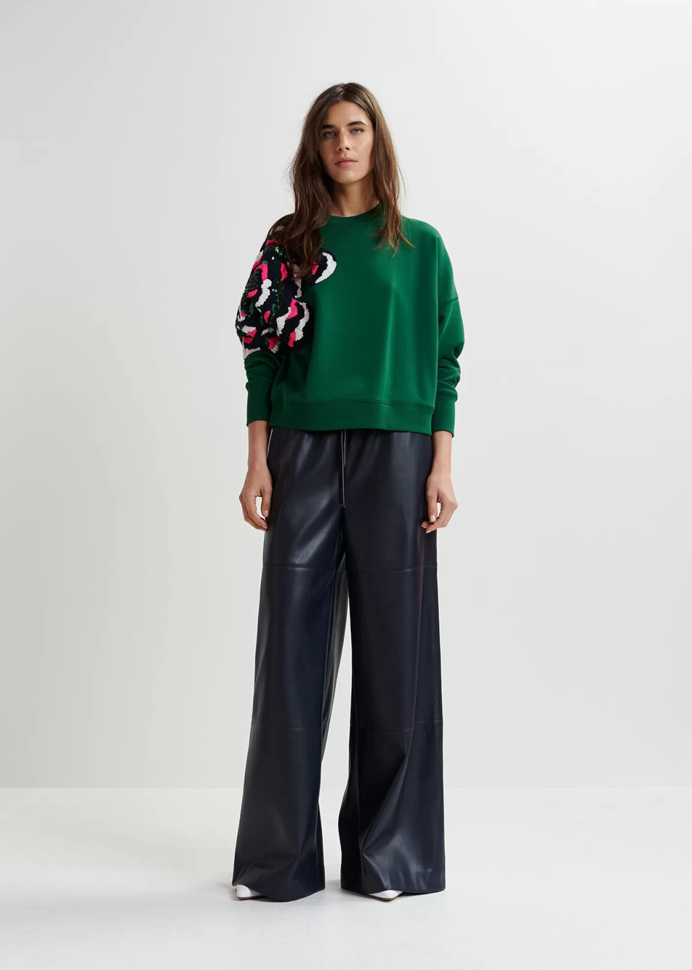 Best Sale Green organic cotton sweatshirt with sequin and bead embroideries Fall 2024 Collection | Sweatshirts