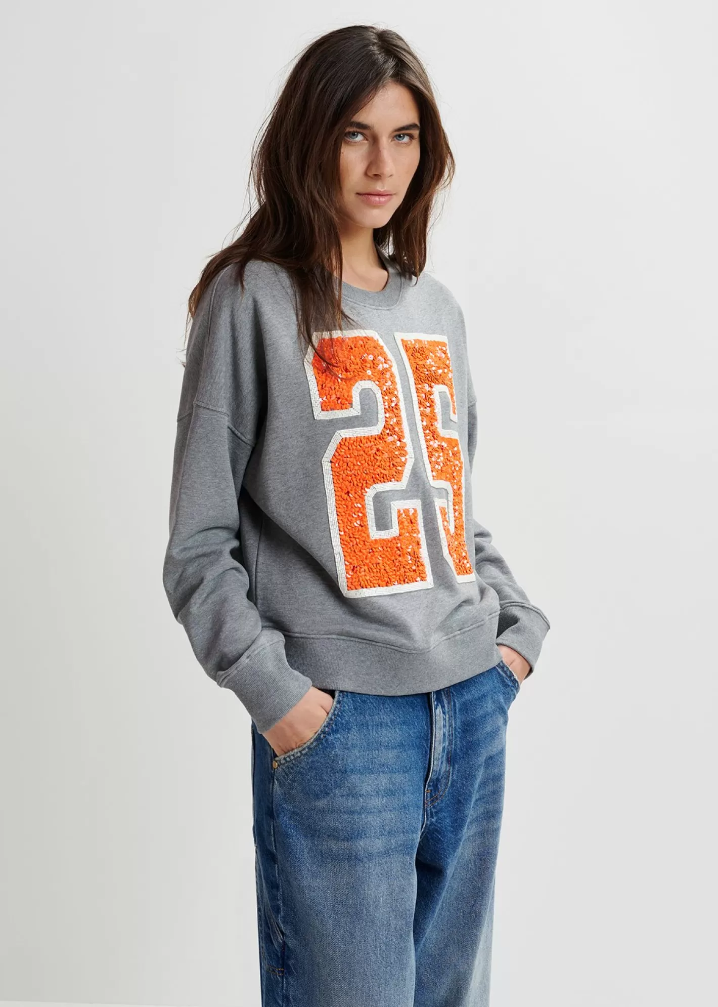 Sale Grey and orange organic cotton sweatshirt with sequin and bead "25" embroideries Fall 2024 Collection | Sweatshirts