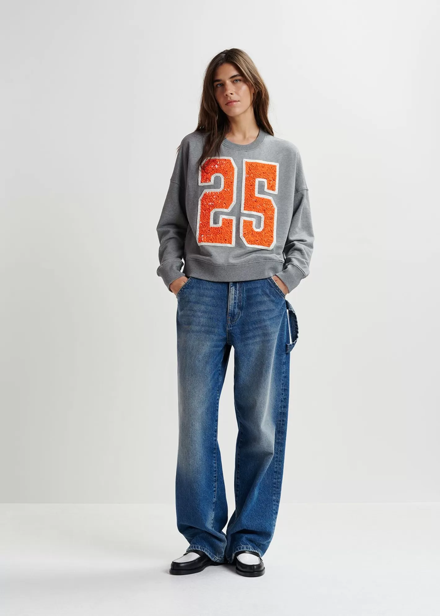Sale Grey and orange organic cotton sweatshirt with sequin and bead "25" embroideries Fall 2024 Collection | Sweatshirts