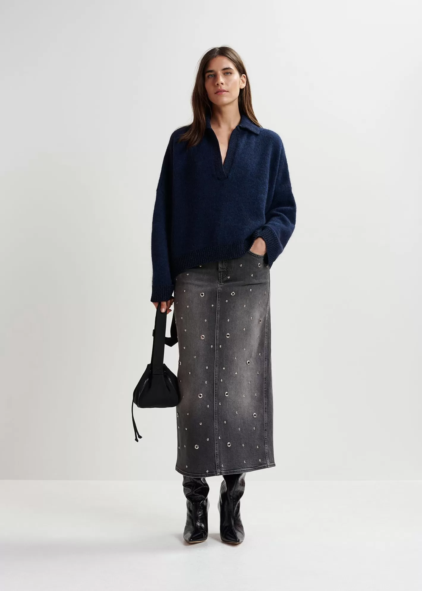 Best eyelet-embellished denim midi skirt Fall 2024 Collection | Denim