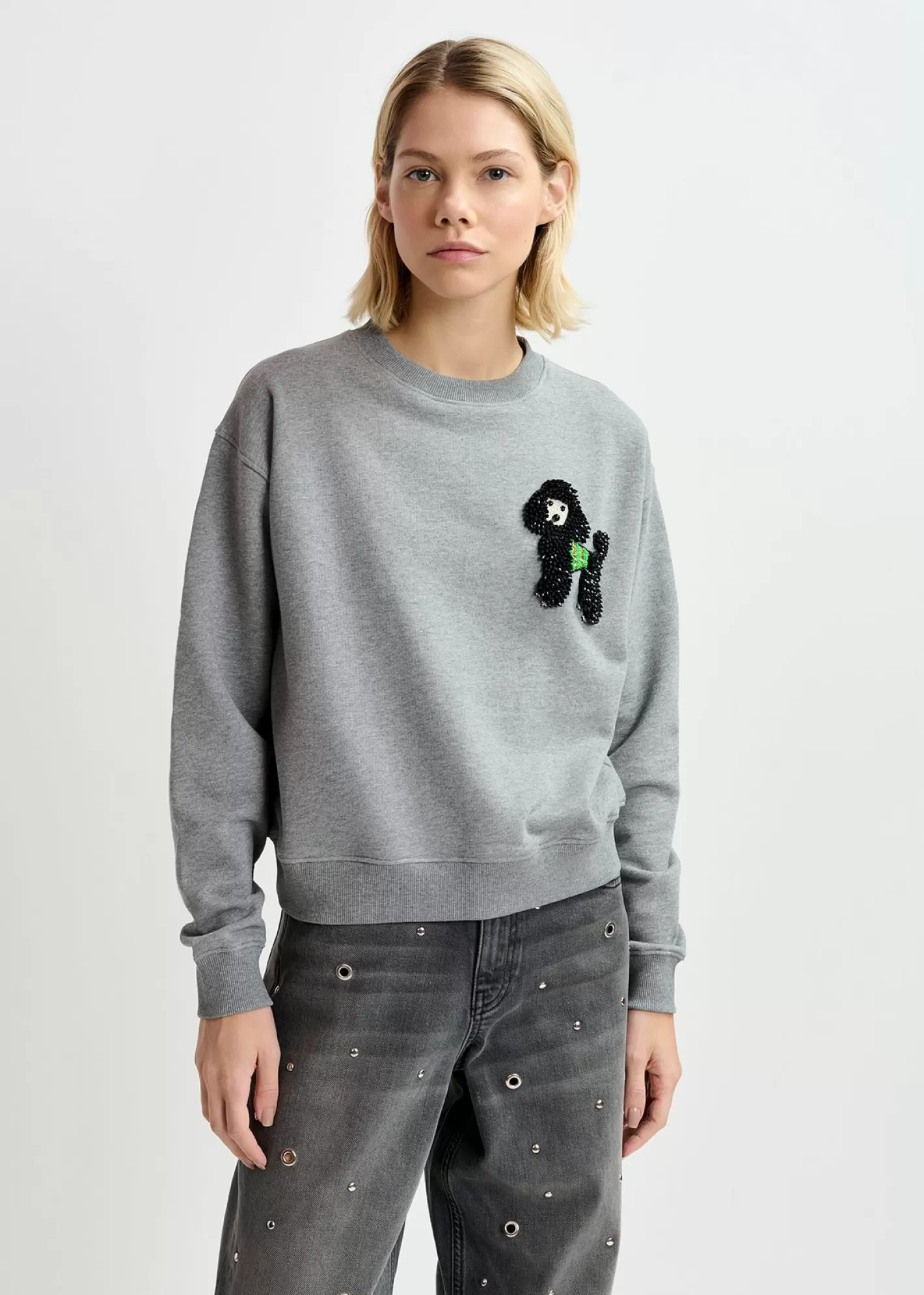 Cheap Grey organic cotton sweatshirt with bead-embroidered poodle Fall 2024 Collection | Sweatshirts