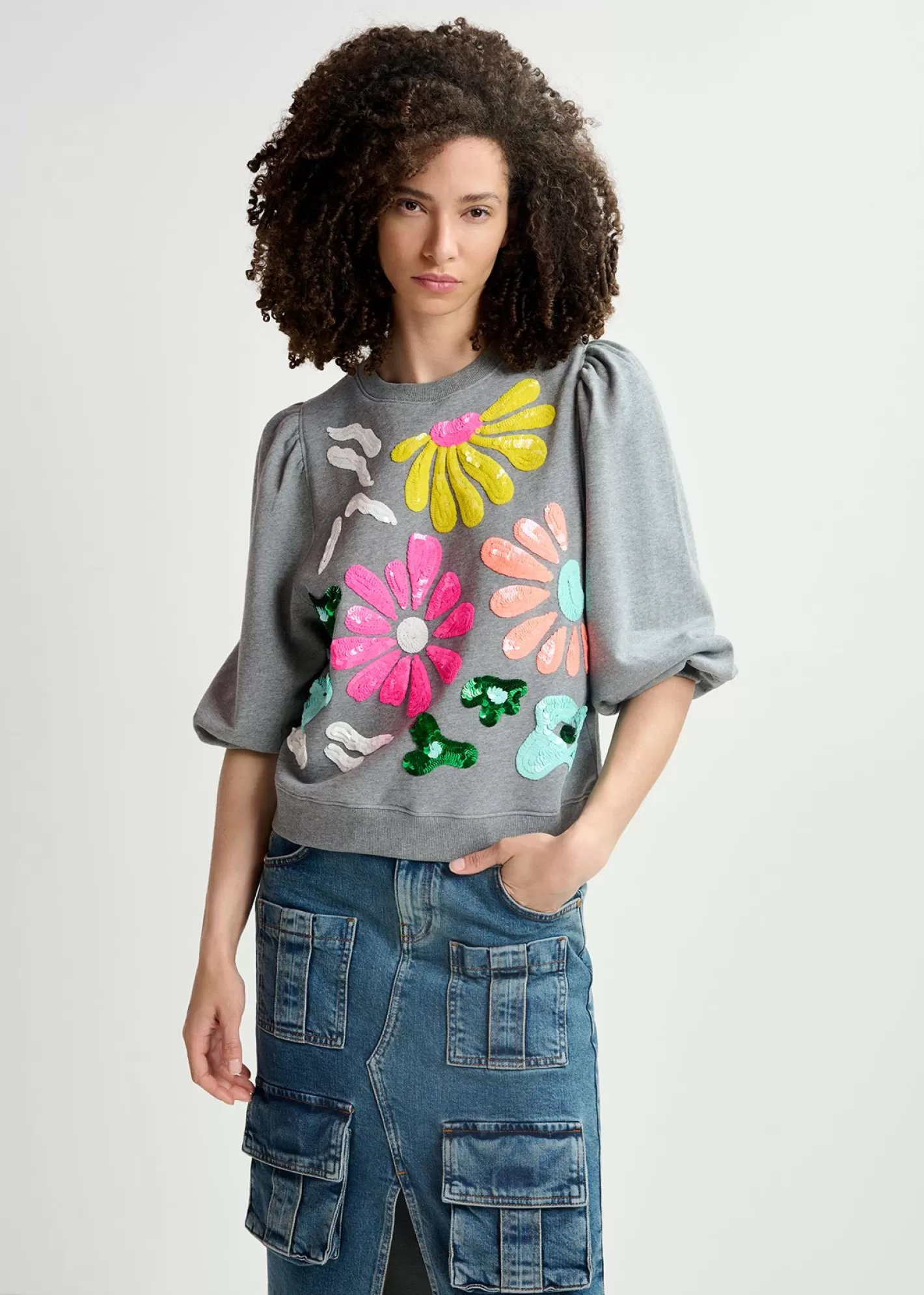 Store Grey organic cotton sweatshirt with multicolored sequin embroideries Sweatshirts