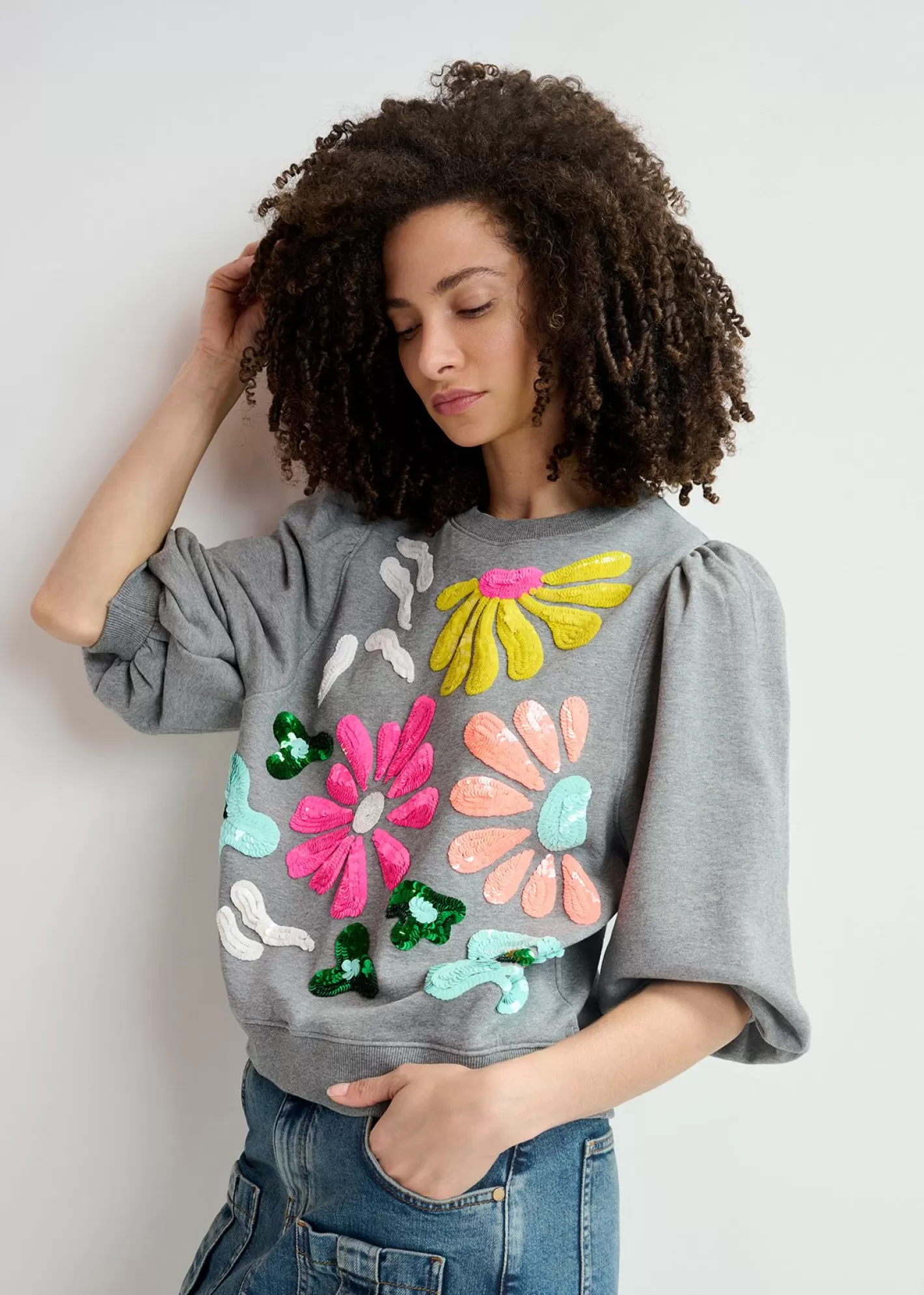 Store Grey organic cotton sweatshirt with multicolored sequin embroideries Sweatshirts