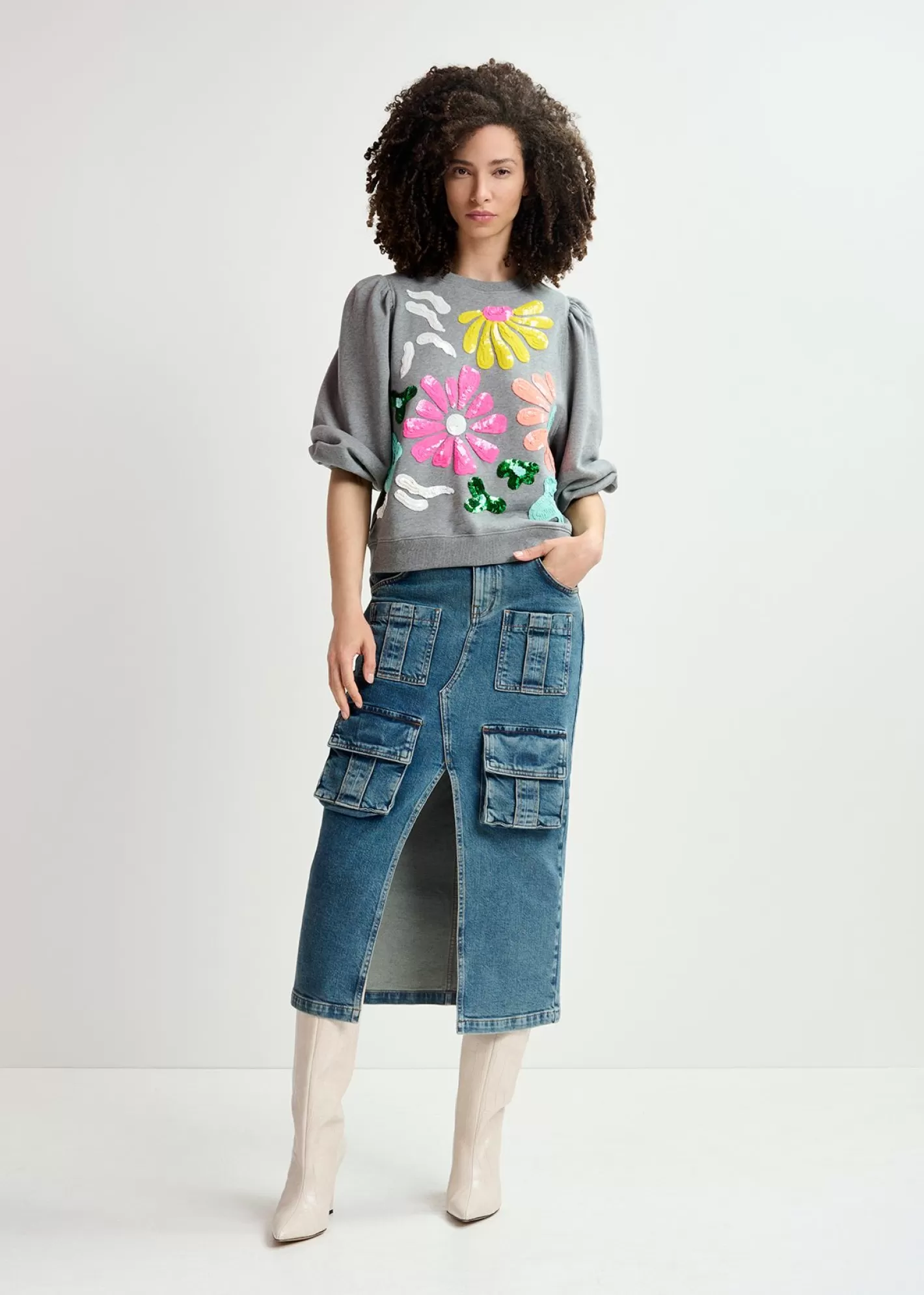Store Grey organic cotton sweatshirt with multicolored sequin embroideries Sweatshirts