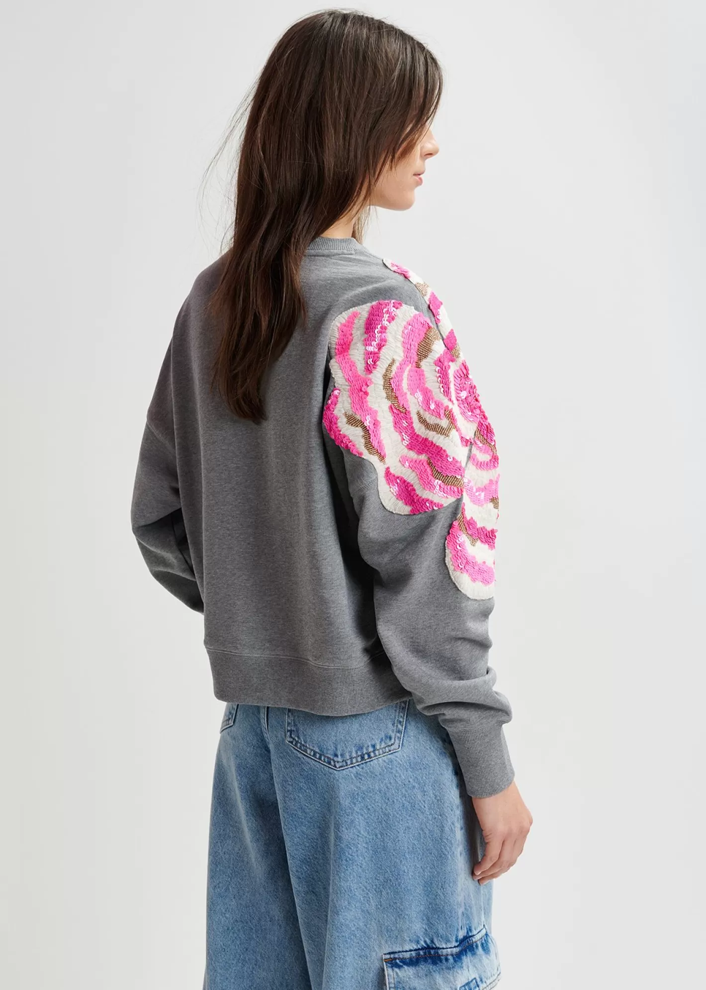 Cheap Grey organic cotton sweatshirt with sequin and bead embroideries Fall 2024 Collection | Sweatshirts