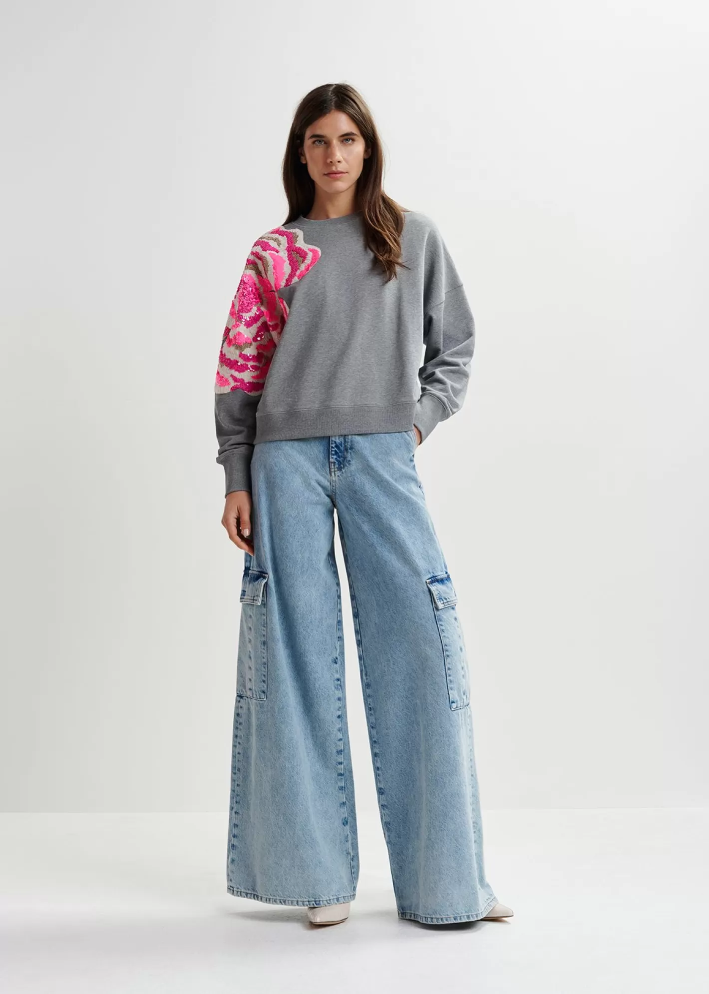 Cheap Grey organic cotton sweatshirt with sequin and bead embroideries Fall 2024 Collection | Sweatshirts