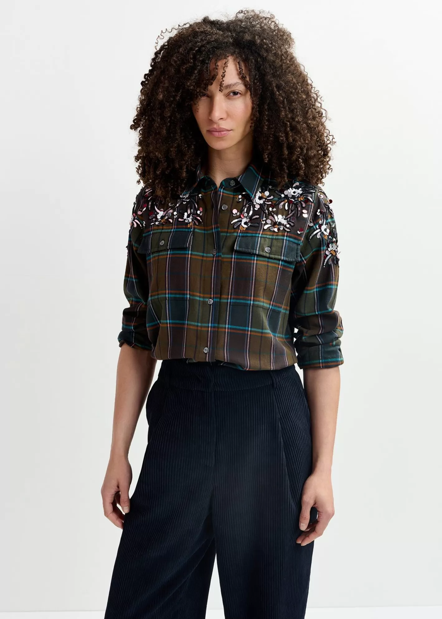 Best Khaki checked cotton shirt with embroidery Fall 2024 Collection | Tops & Blouses