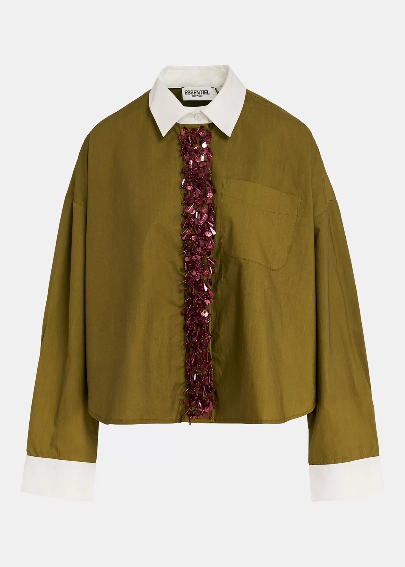 Best Sale Khaki cotton shirt with embellished button placket Fall 2024 Collection | Tops & Blouses