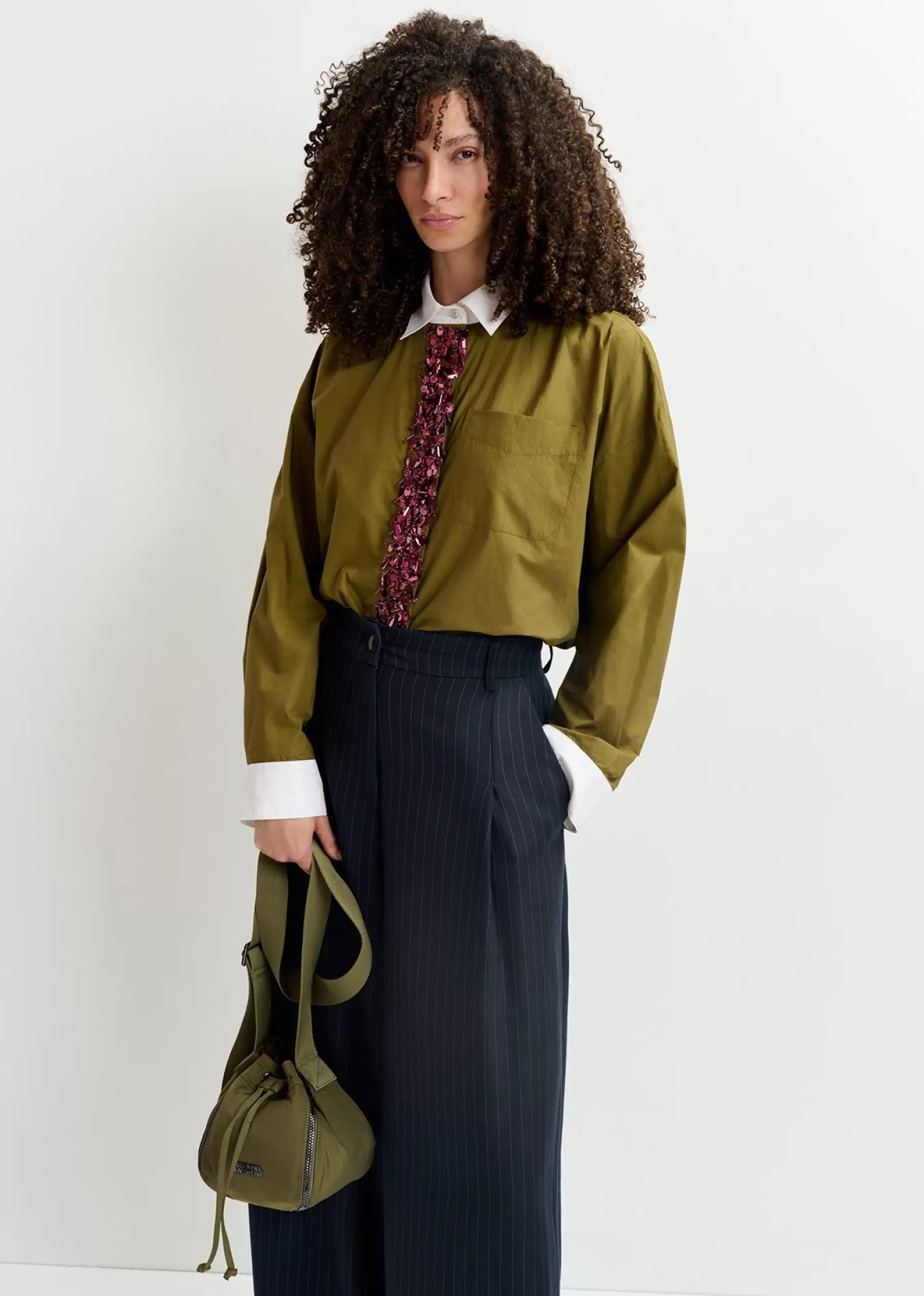 Best Sale Khaki cotton shirt with embellished button placket Fall 2024 Collection | Tops & Blouses