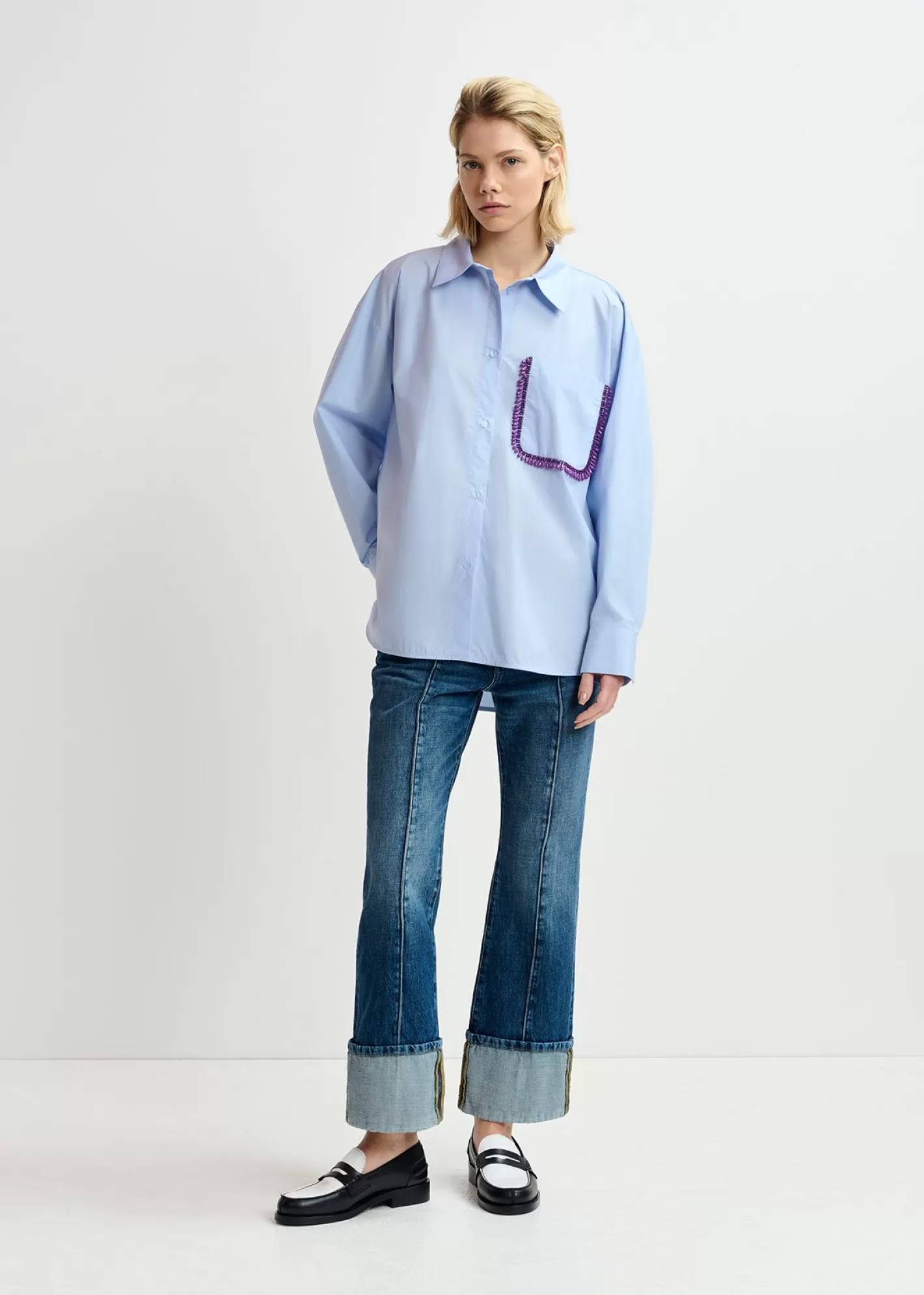 Store Light blue cotton shirt with beaded embroidery Fall 2024 Collection | Tops & Blouses