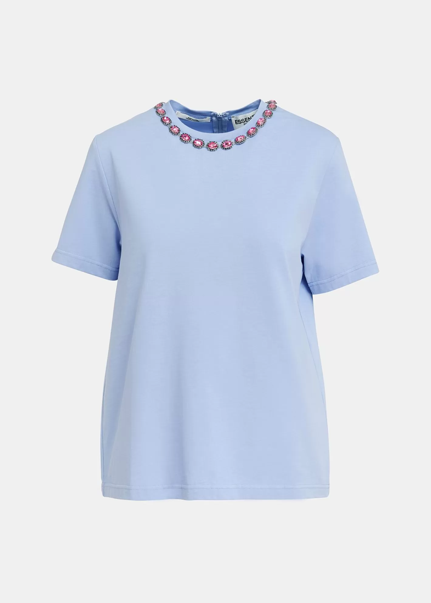 Flash Sale Light blue cotton T-shirt with rhinestone-embellished neckline Fall 2024 Collection | T-shirts