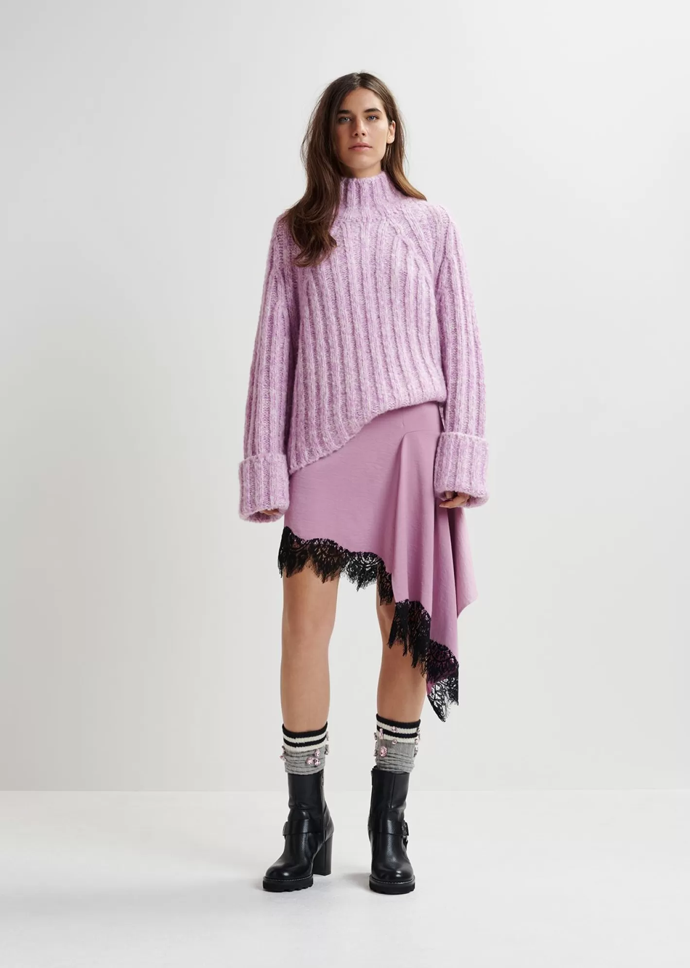 Flash Sale Mauve and ecru mélange knit sweater with turtleneck Fall 2024 Collection | Sweaters & Cardigans