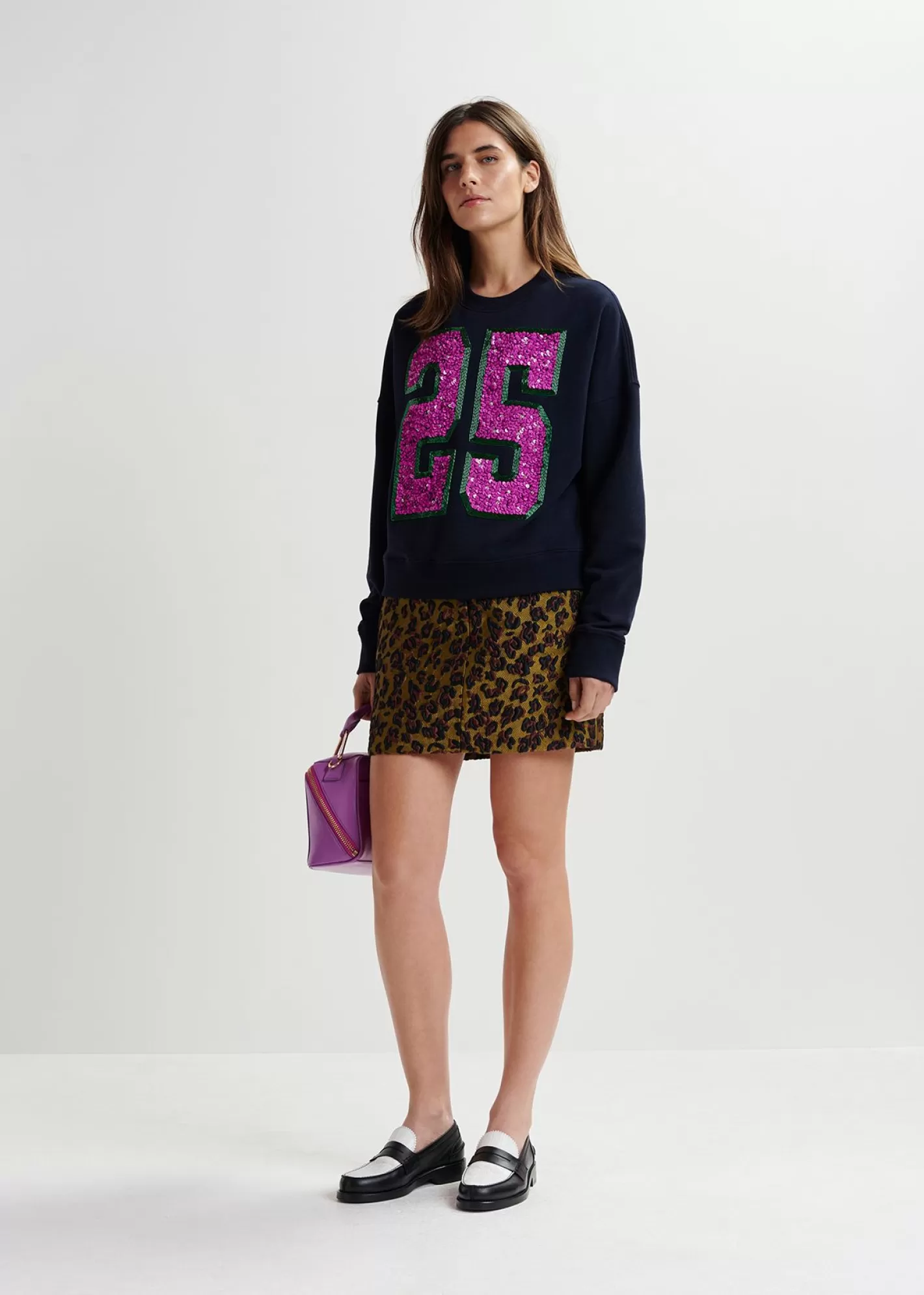 Cheap Navy blue and purple organic cotton sweatshirt with sequin and bead "25" embroideries Fall 2024 Collection | Sweatshirts