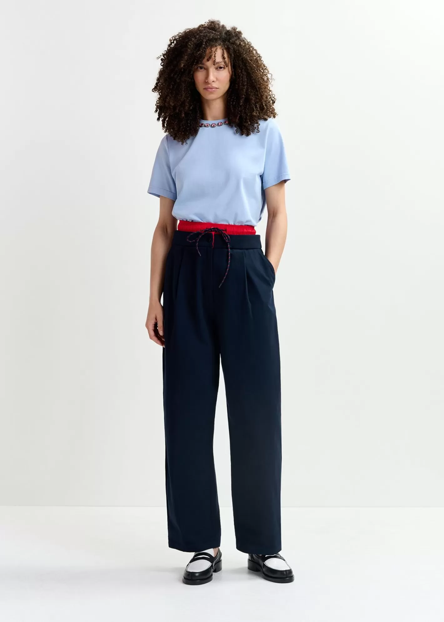 Cheap Navy blue and red double-waist pants Fall 2024 Collection | Pants & Shorts