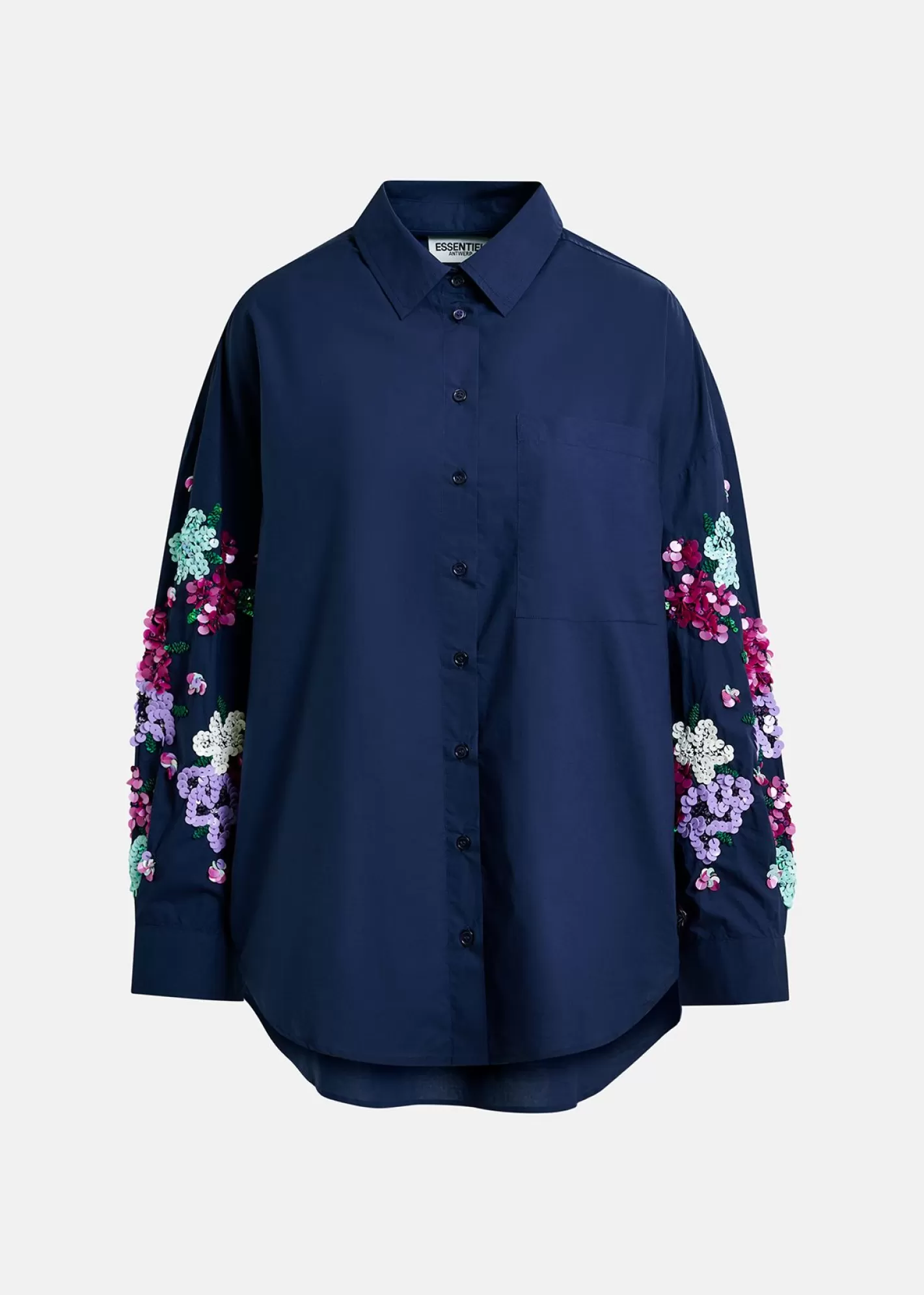 Best Navy blue cotton shirt with floral sequin embroideries Fall 2024 Collection | Tops & Blouses