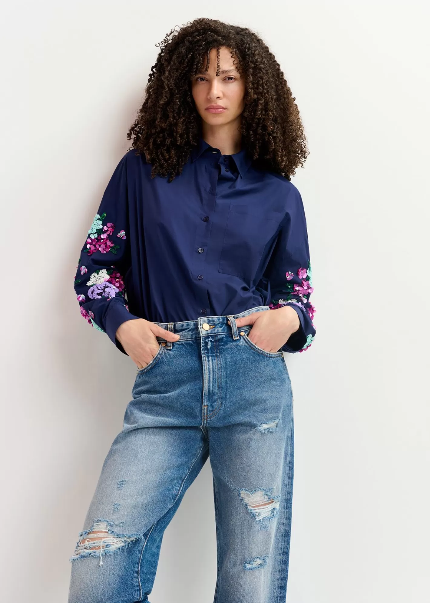 Best Navy blue cotton shirt with floral sequin embroideries Fall 2024 Collection | Tops & Blouses