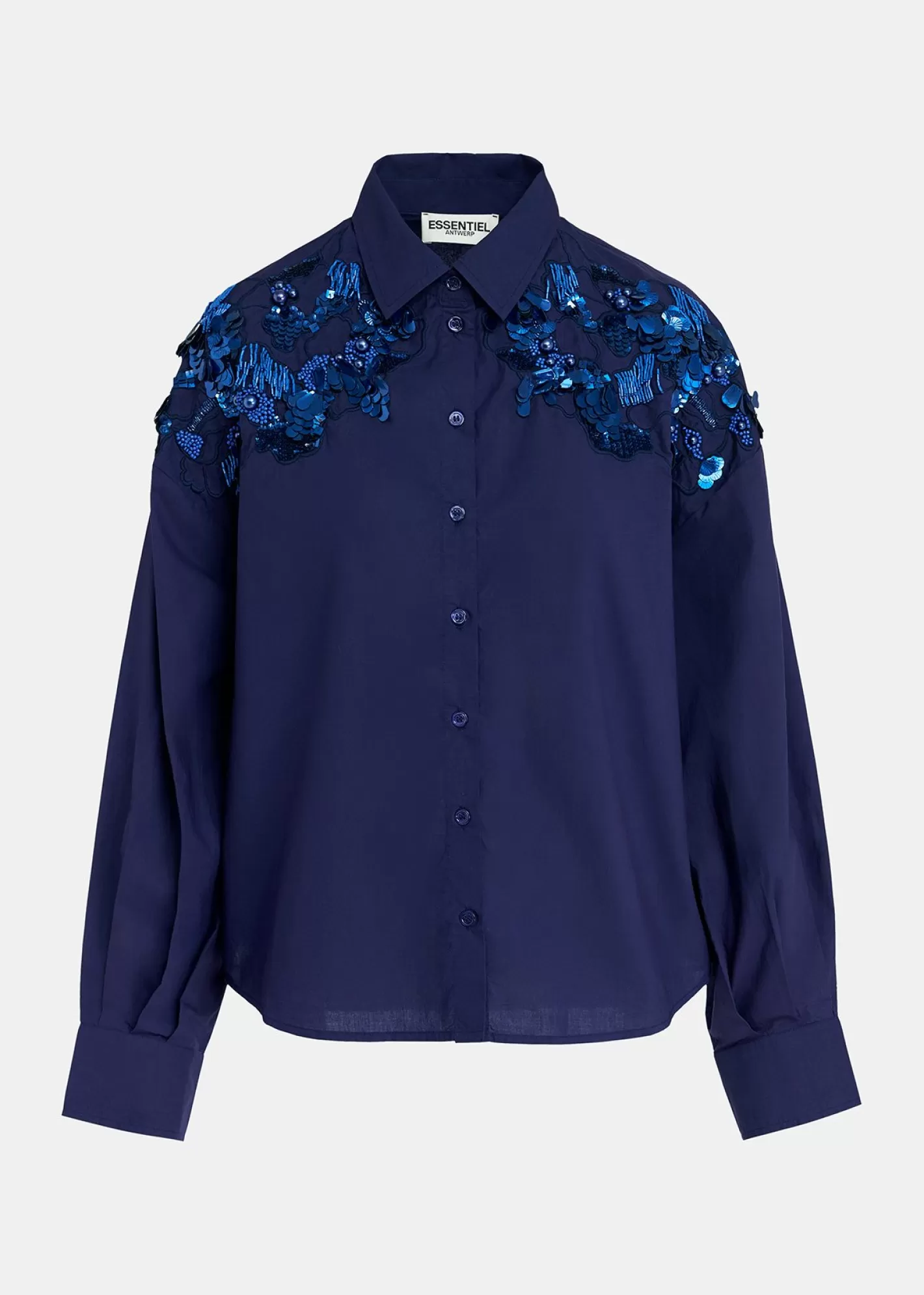 Flash Sale Navy blue cotton shirt with sequin and beaded embroideries Fall 2024 Collection | Tops & Blouses