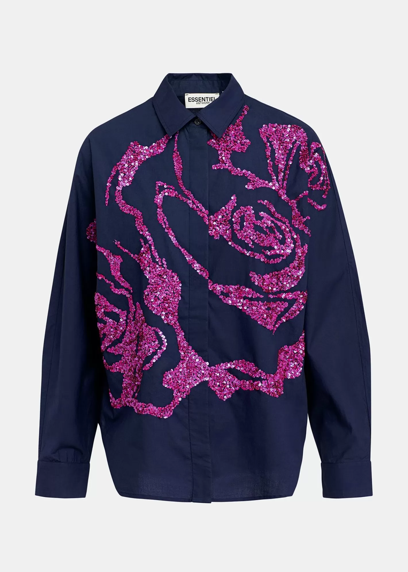 New Navy blue cotton shirt with sequin embroideries Fall 2024 Collection | Tops & Blouses