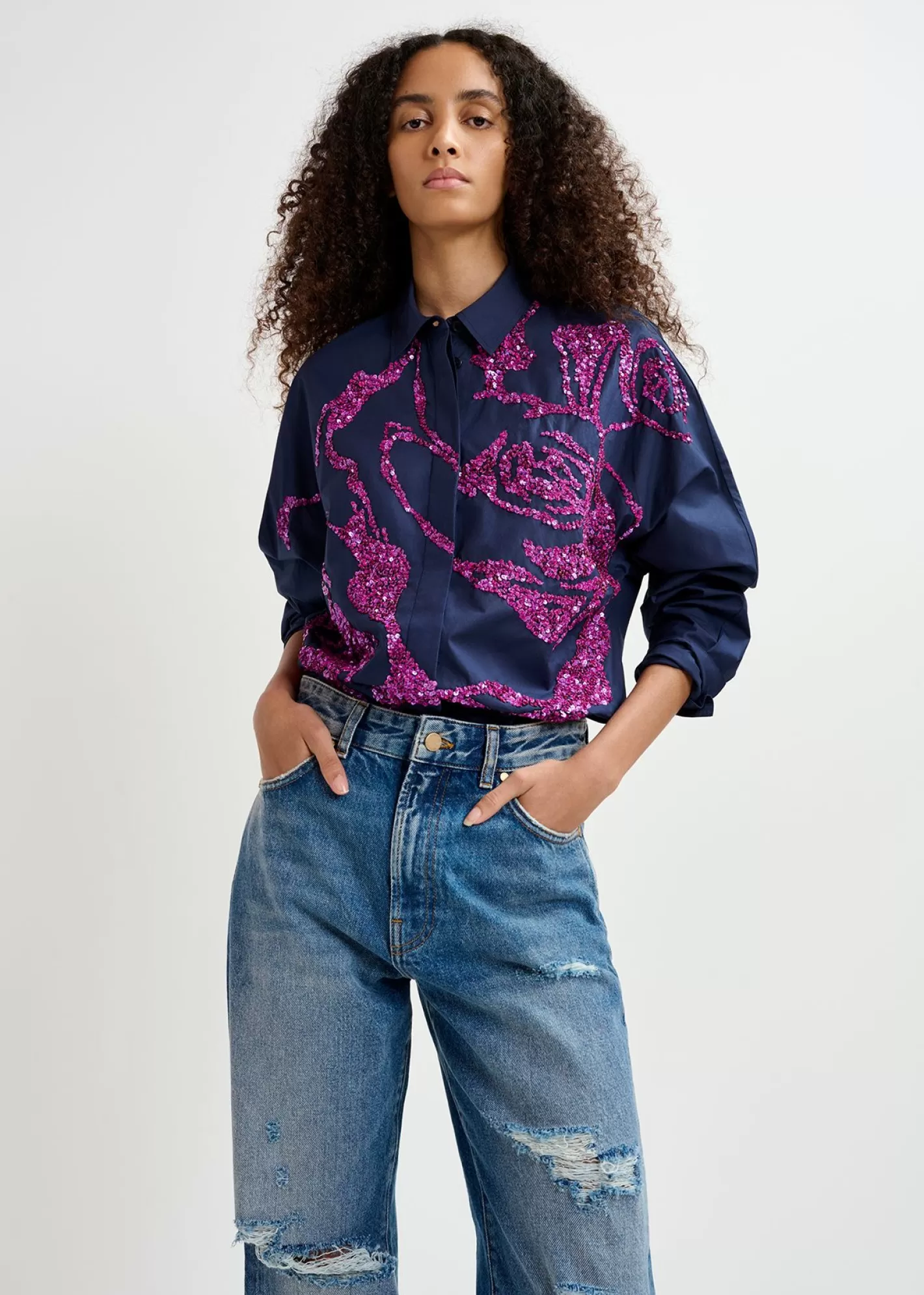 New Navy blue cotton shirt with sequin embroideries Fall 2024 Collection | Tops & Blouses