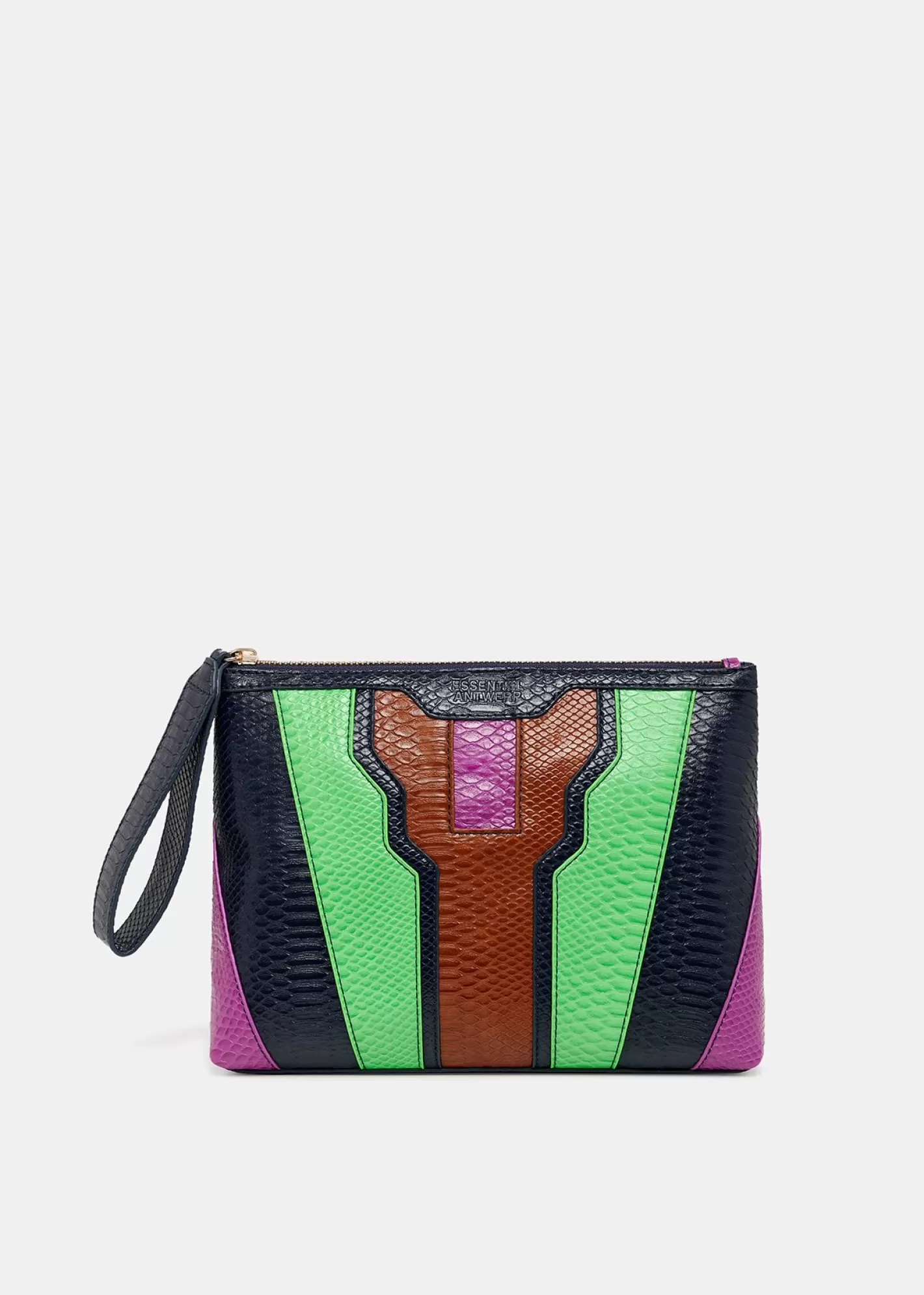 New Navy blue, green and brown snake-effect faux leather pouch Bags | Fall 2024 Collection