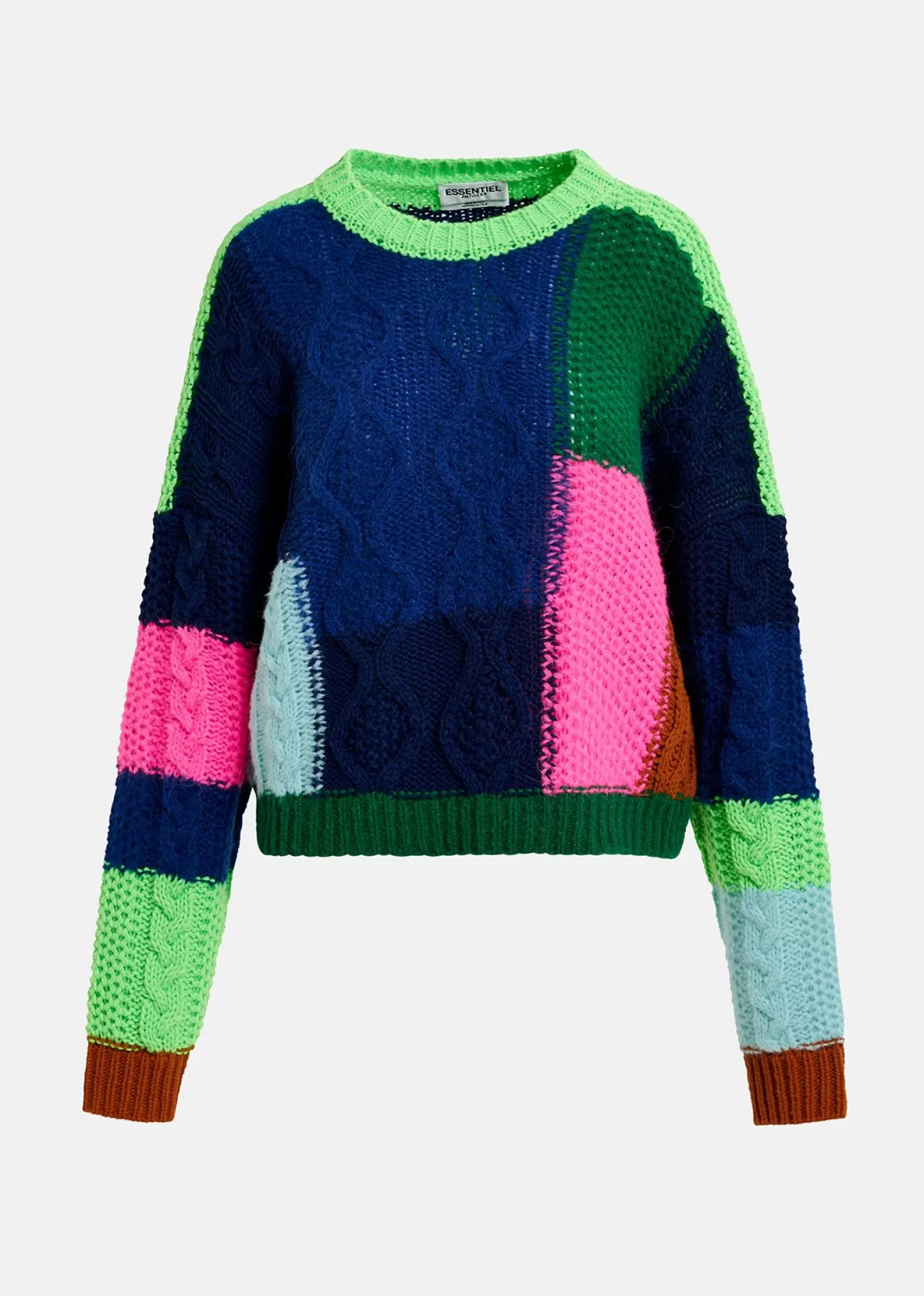 Hot Navy blue, green and neon pink cable-knitted patchwork sweater Fall 2024 Collection | Sweaters & Cardigans