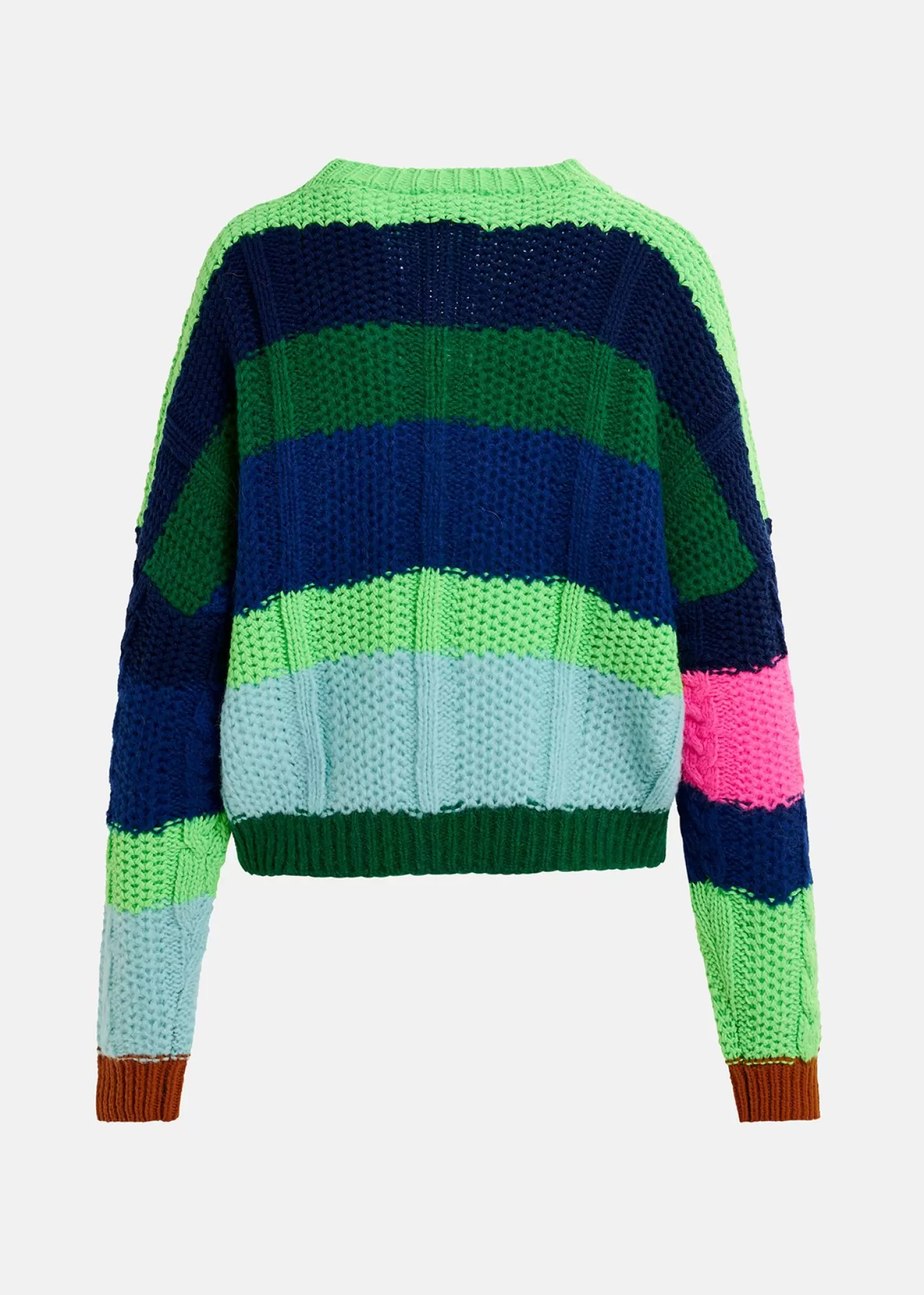 Hot Navy blue, green and neon pink cable-knitted patchwork sweater Fall 2024 Collection | Sweaters & Cardigans