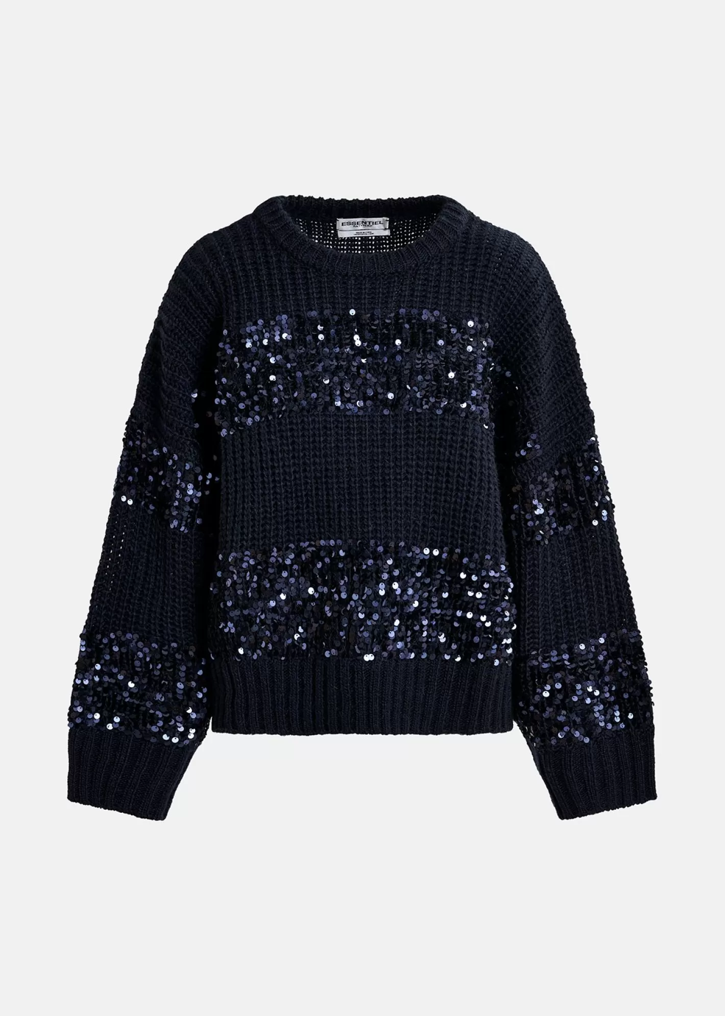 Sale Navy blue knit sweater with sequin-embellished stripes Fall 2024 Collection | Sweaters & Cardigans