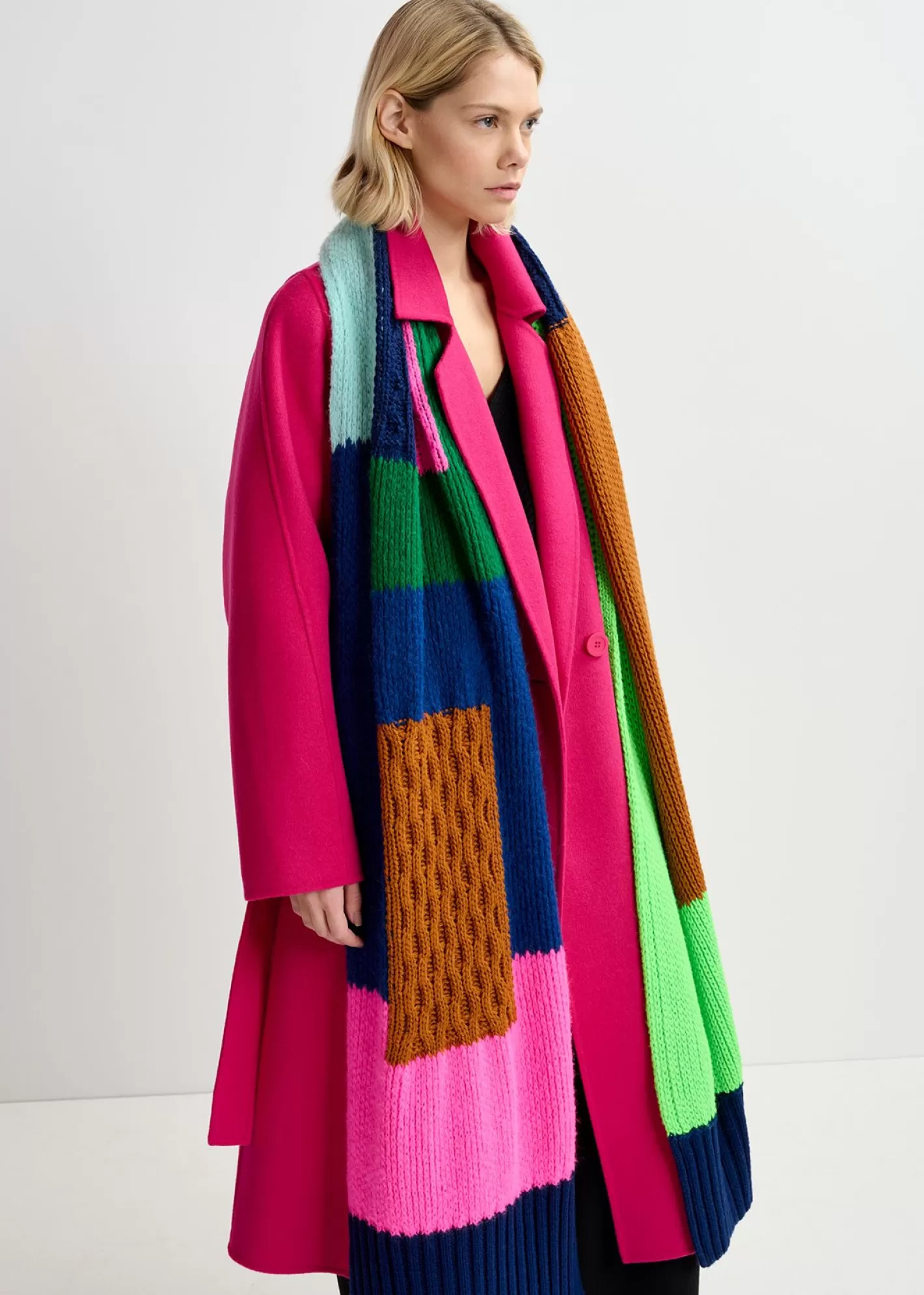 Best Navy blue, neon green and neon pink cable-knitted patchwork scarf Fall 2024 Collection | Scarves