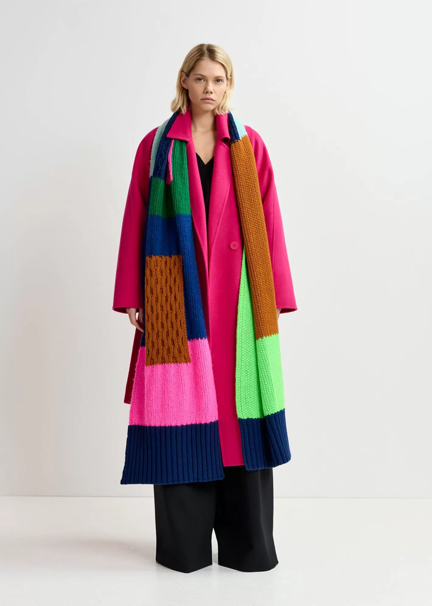 Best Navy blue, neon green and neon pink cable-knitted patchwork scarf Fall 2024 Collection | Scarves