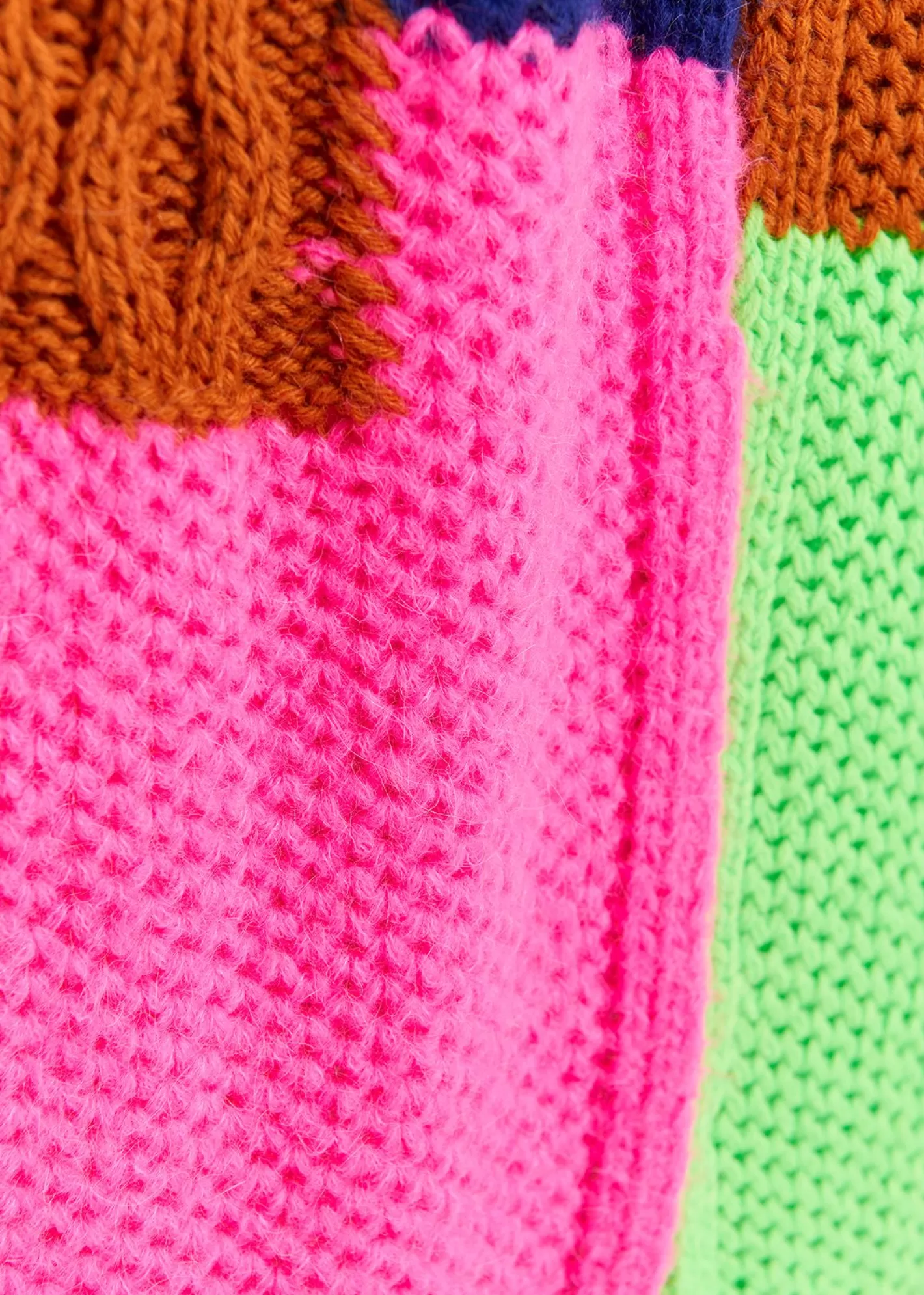 Best Navy blue, neon green and neon pink cable-knitted patchwork scarf Fall 2024 Collection | Scarves