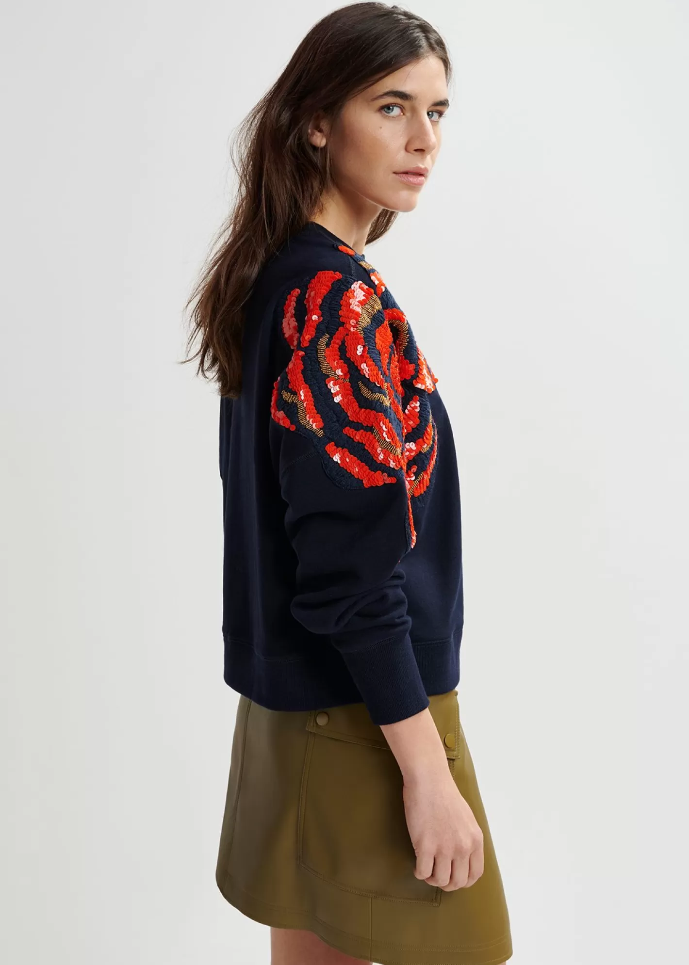 Discount Navy blue organic cotton sweatshirt with sequin and bead embroideries Fall 2024 Collection | Sweatshirts