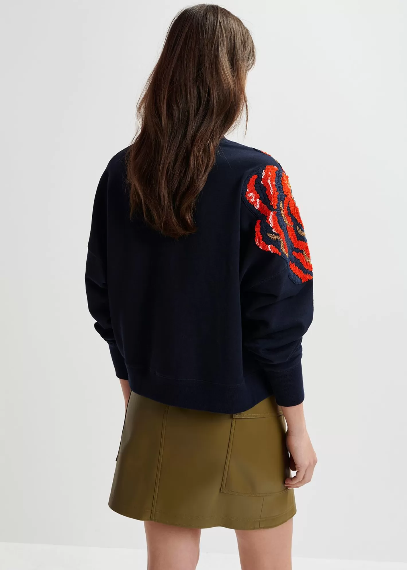 Discount Navy blue organic cotton sweatshirt with sequin and bead embroideries Fall 2024 Collection | Sweatshirts