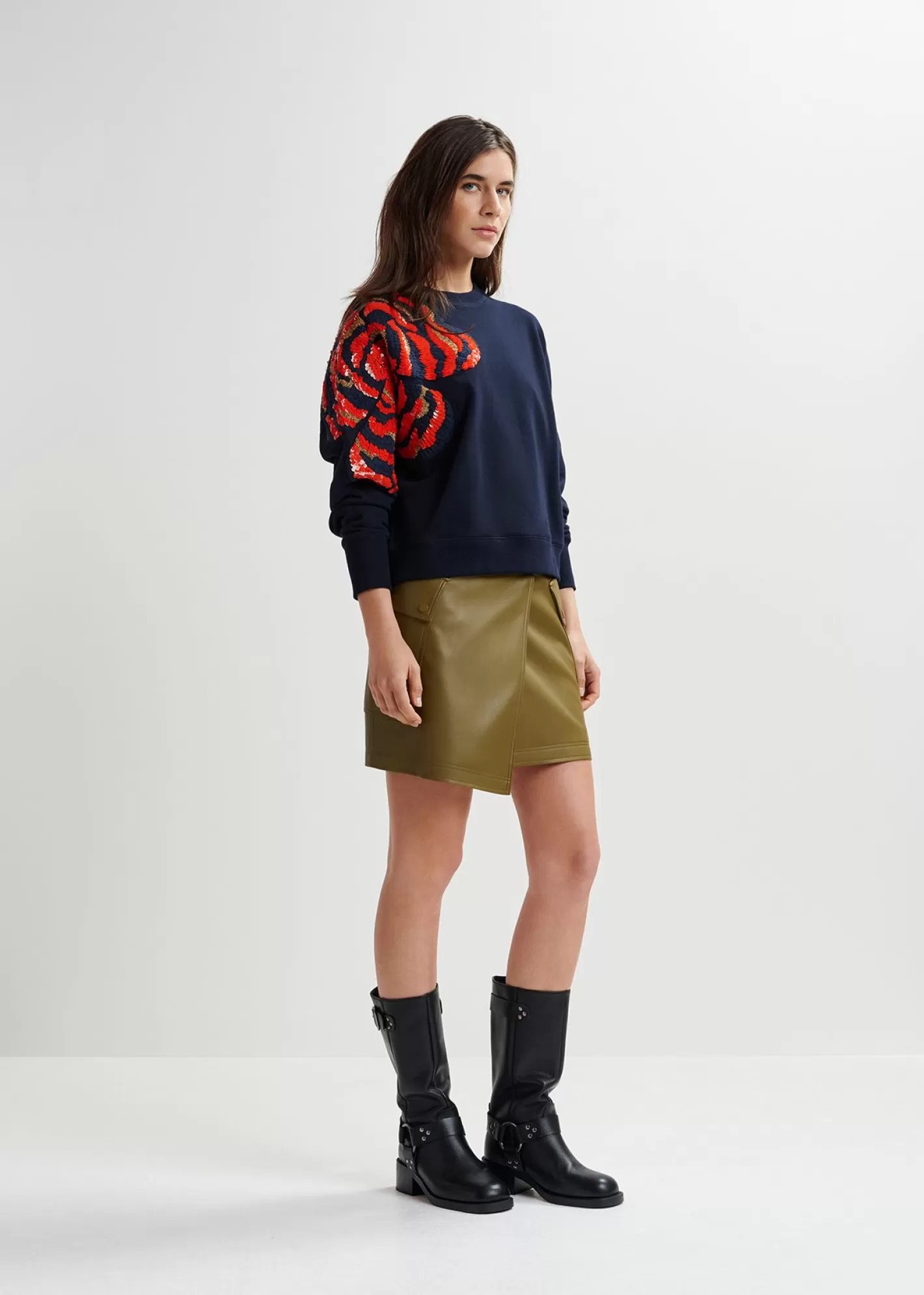 Discount Navy blue organic cotton sweatshirt with sequin and bead embroideries Fall 2024 Collection | Sweatshirts