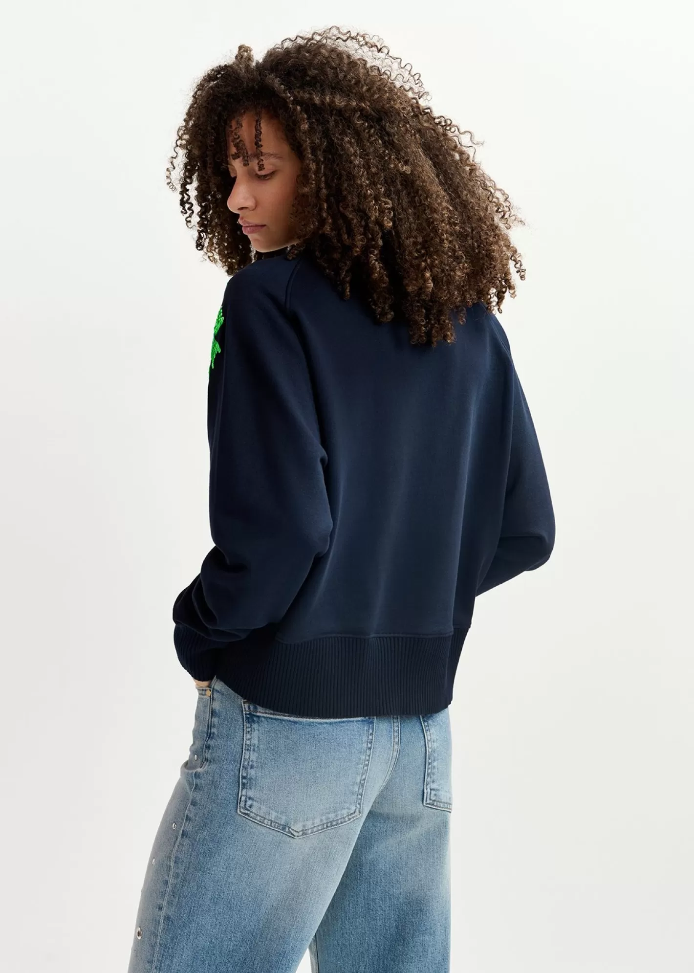 Cheap Navy blue organic cotton sweatshirt with sequin and beaded embroideries Fall 2024 Collection | Sweatshirts
