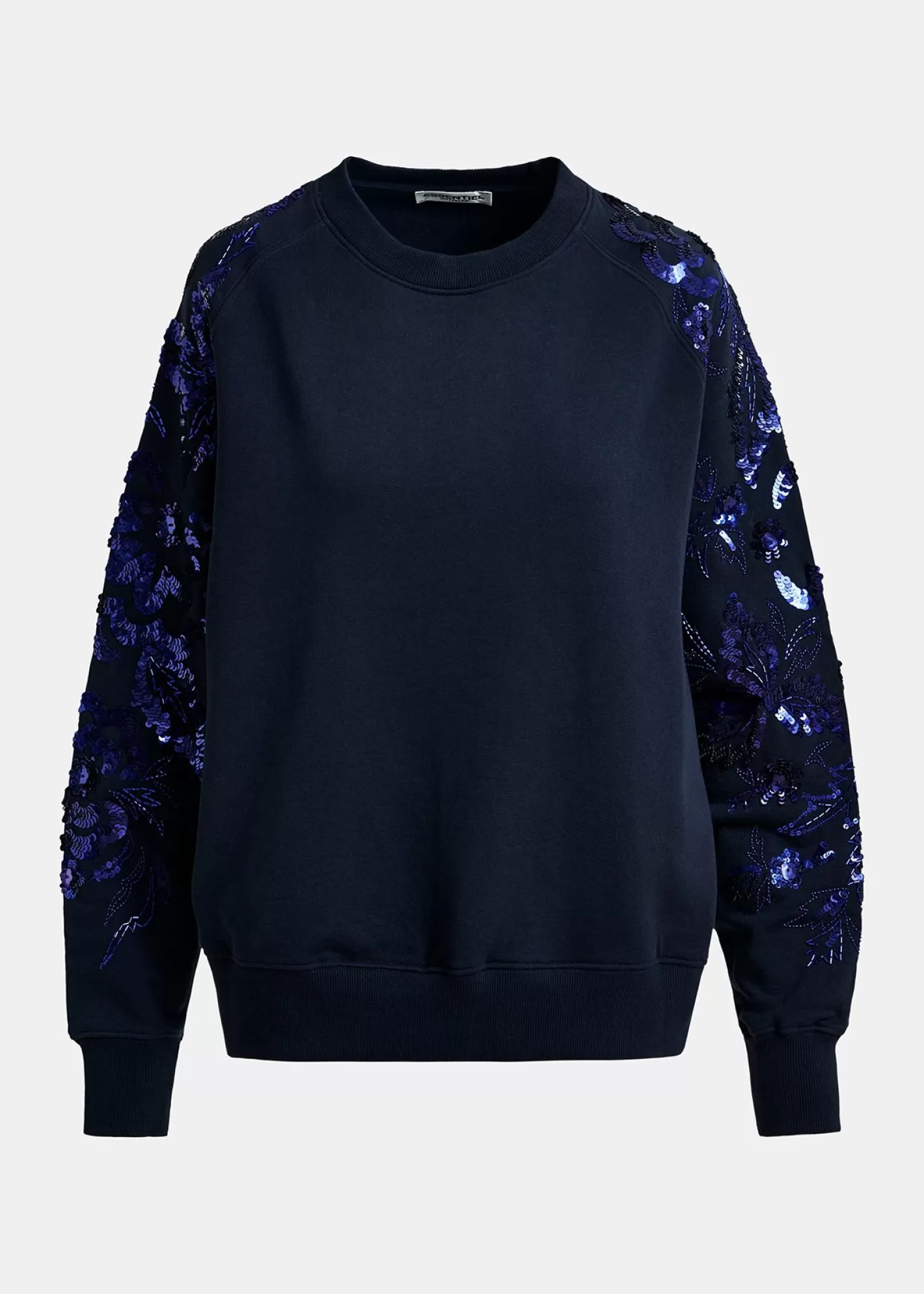 Hot Navy blue organic cotton sweatshirt with sequin and bead-embroidered sleeves Fall 2024 Collection | Sweatshirts