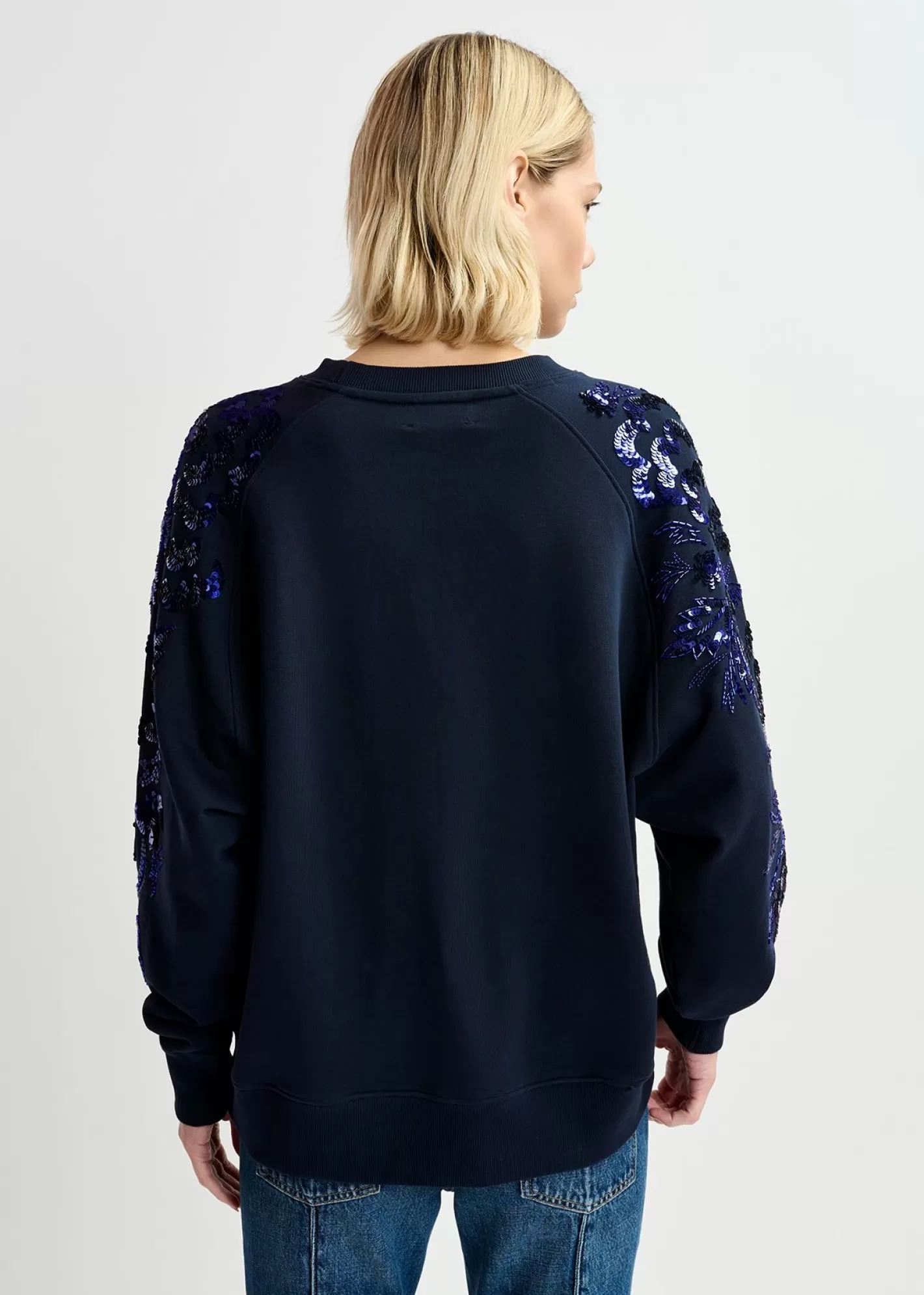 Hot Navy blue organic cotton sweatshirt with sequin and bead-embroidered sleeves Fall 2024 Collection | Sweatshirts