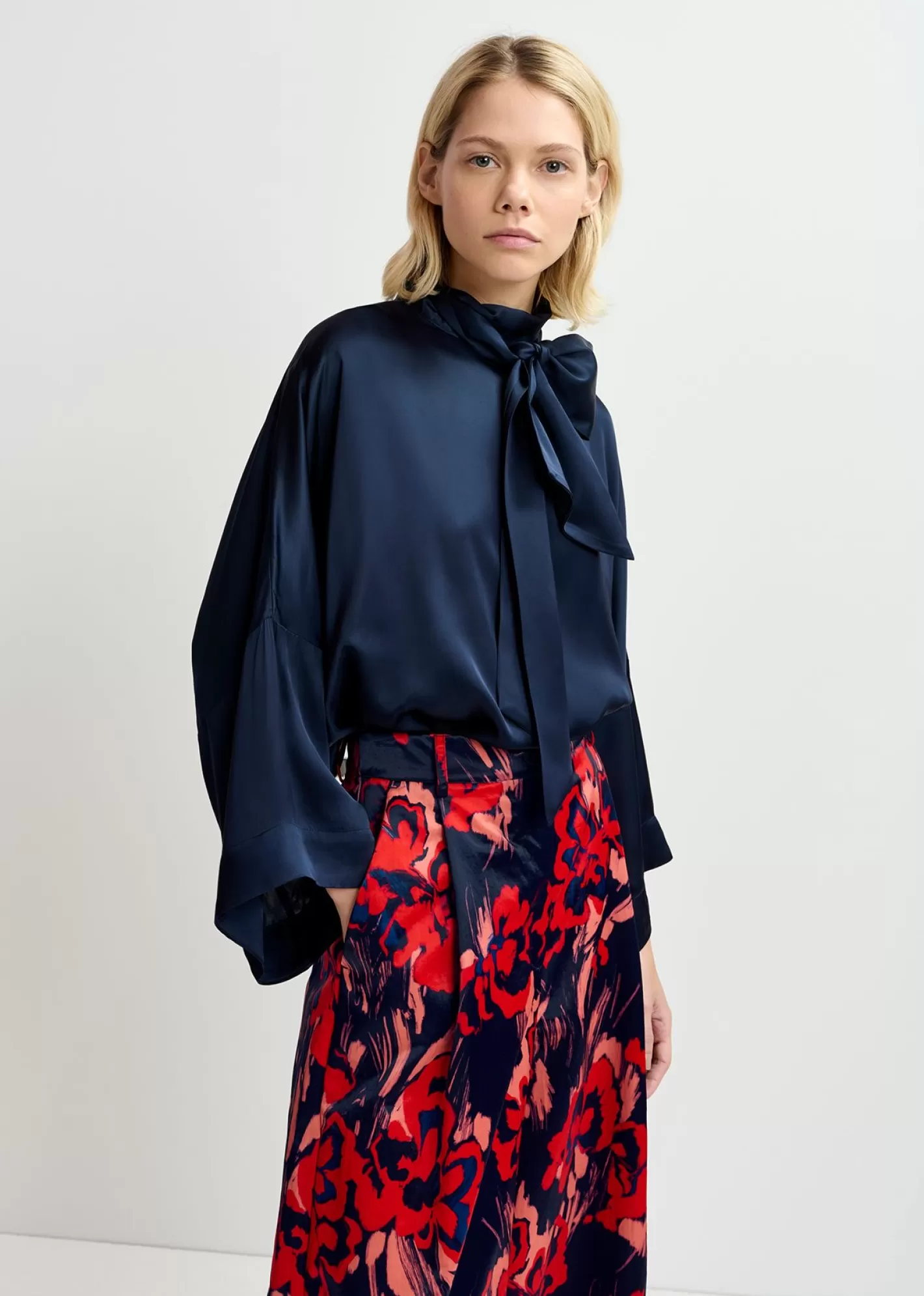 Best Navy blue oversized top with pussy bow Fall 2024 Collection | Tops & Blouses