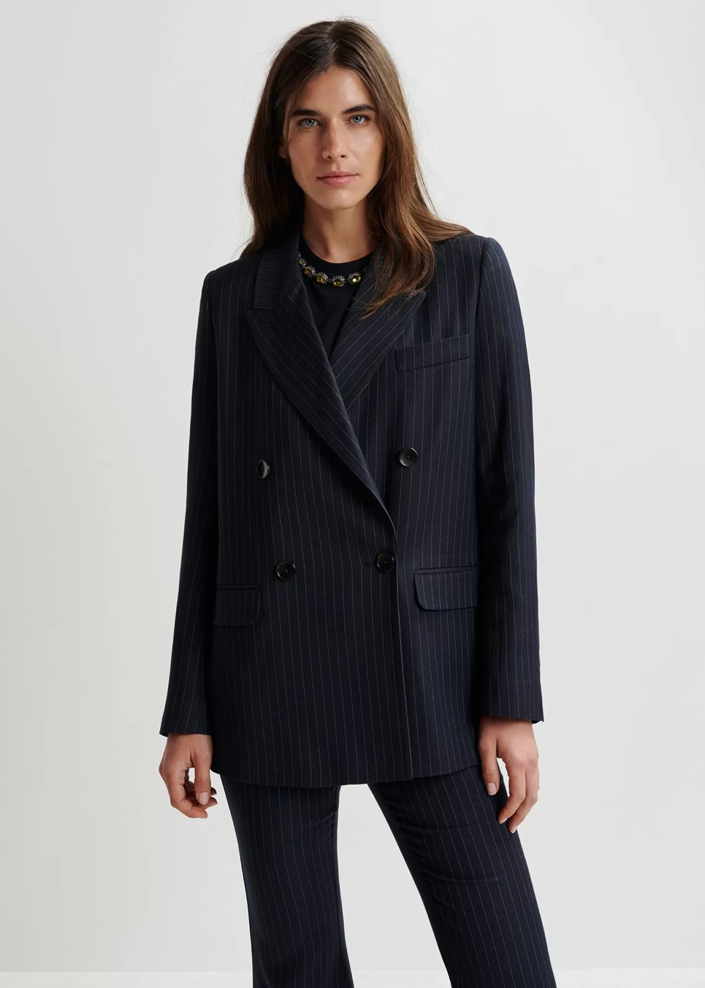 Cheap Navy blue pinstriped double-breasted blazer Fall 2024 Collection | Coats & Jackets