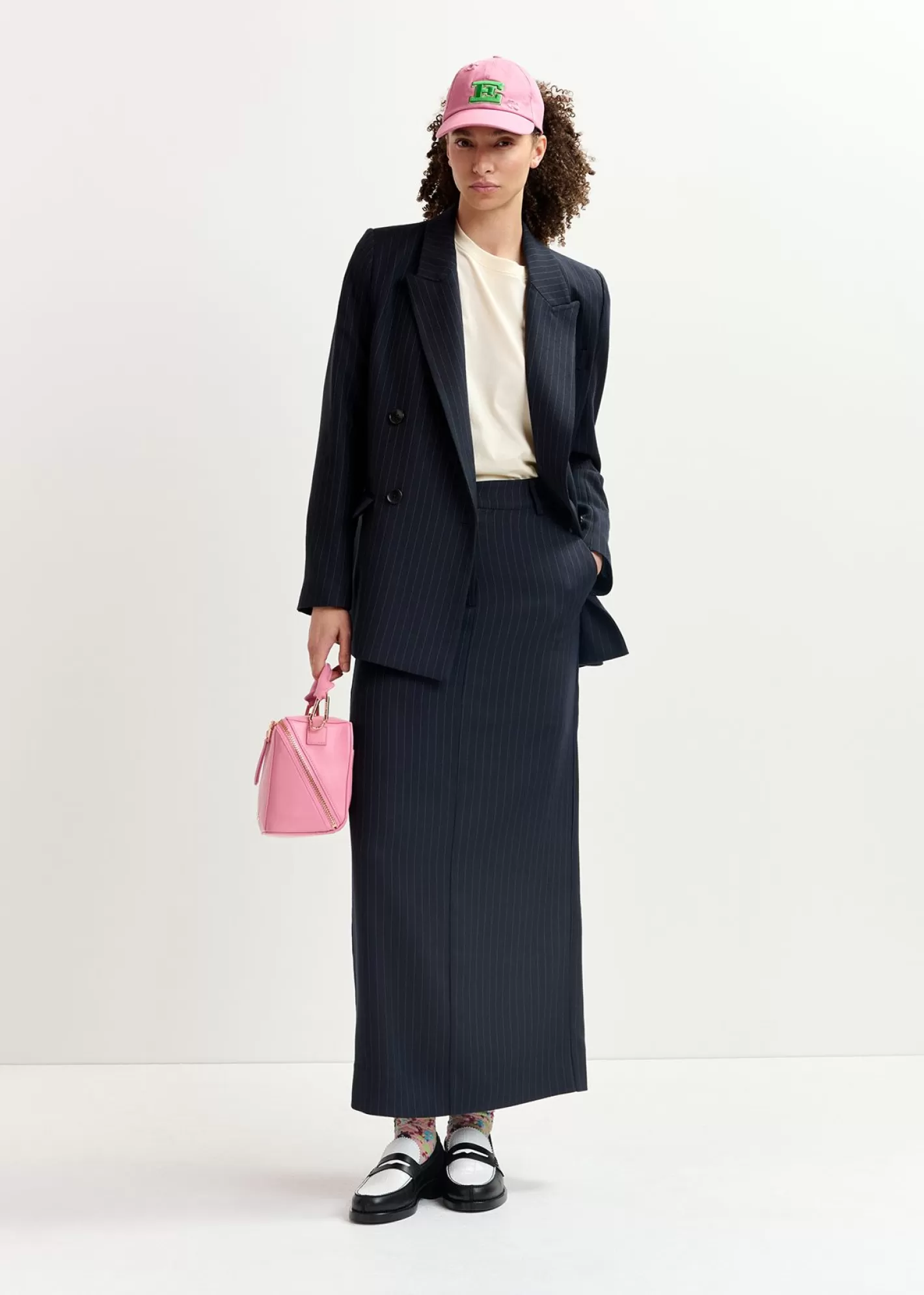 Best Sale Navy blue pinstriped straight-cut maxi skirt Fall 2024 Collection | Skirts