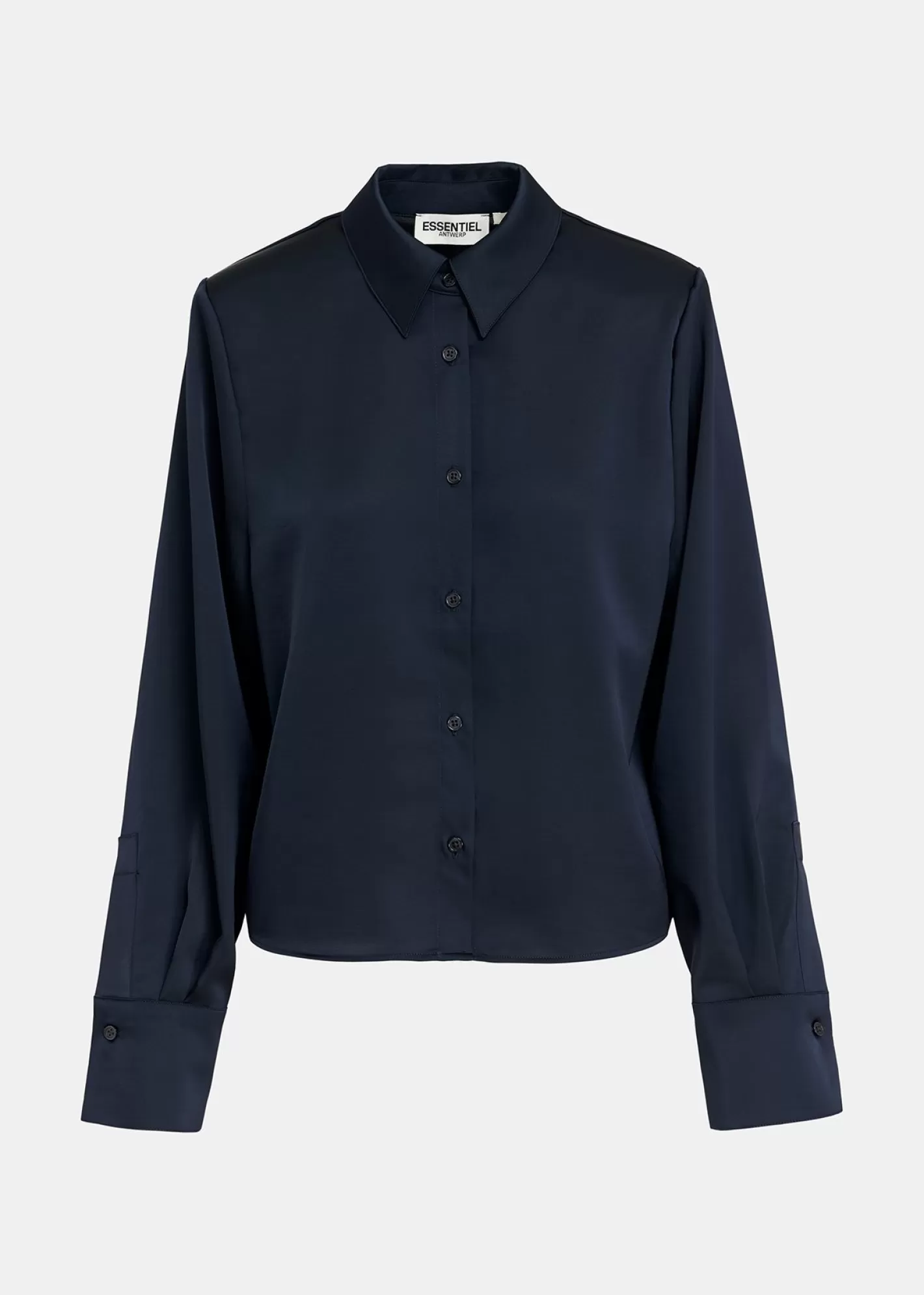 Clearance Navy blue satin shirt with padded shoulders Fall 2024 Collection | Tops & Blouses