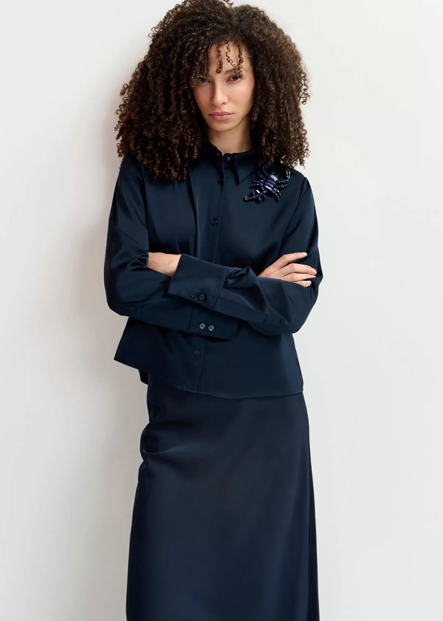 Clearance Navy blue satin shirt with padded shoulders Fall 2024 Collection | Tops & Blouses