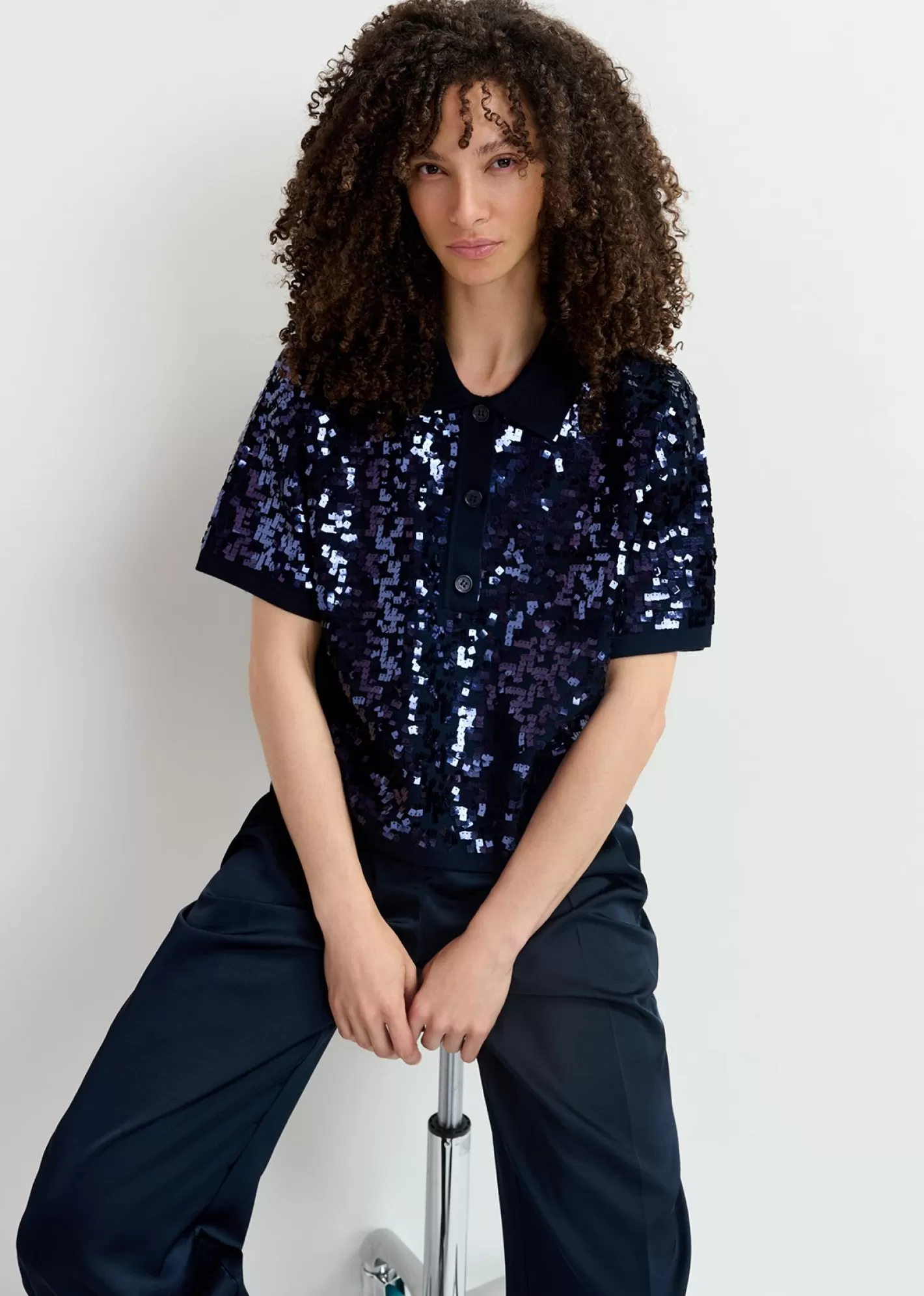 Outlet Navy blue sequin-embellished polo top Fall 2024 Collection | Partywear