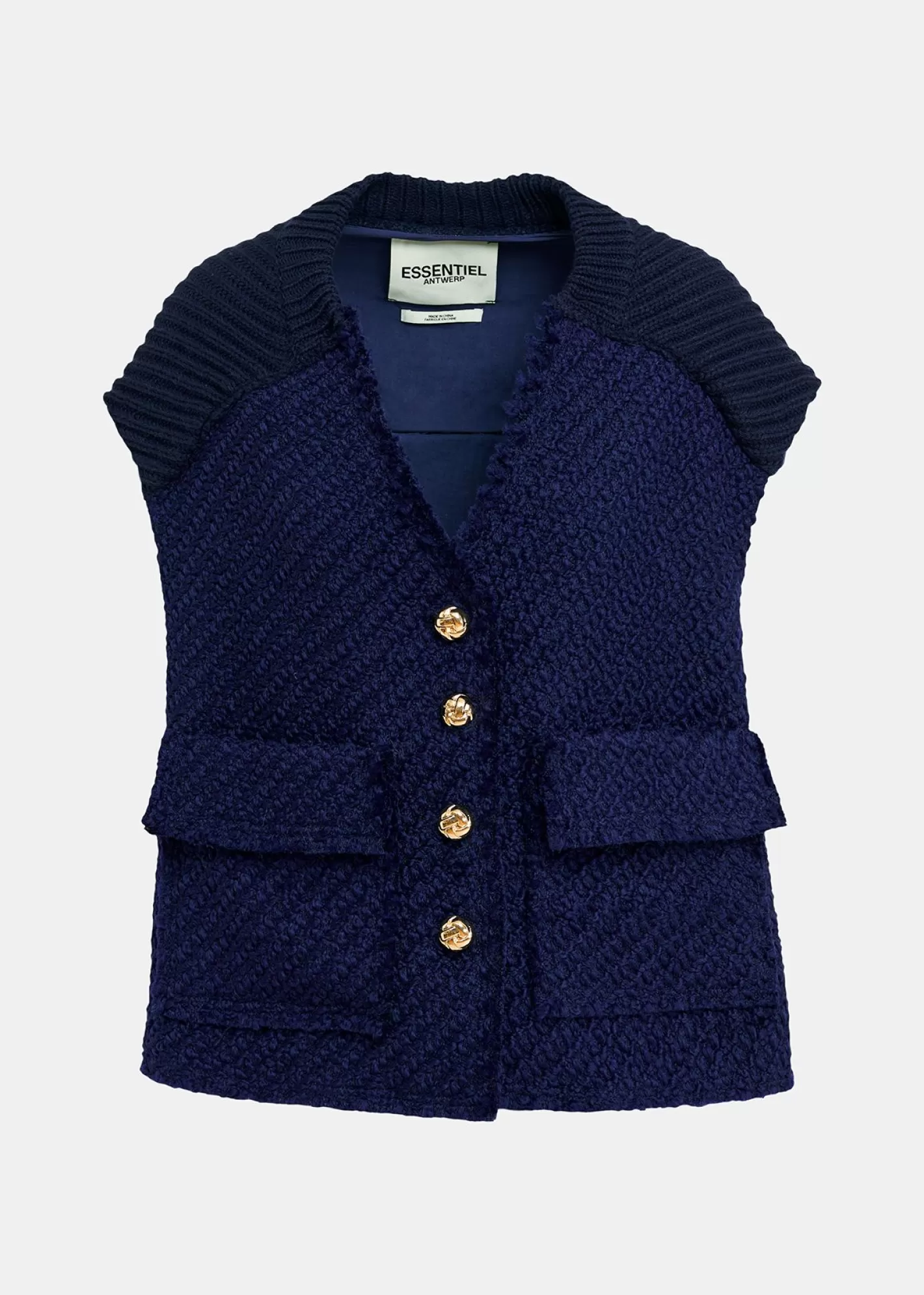 Best Sale Navy blue sleeveless knitted jacket Fall 2024 Collection | Coats & Jackets