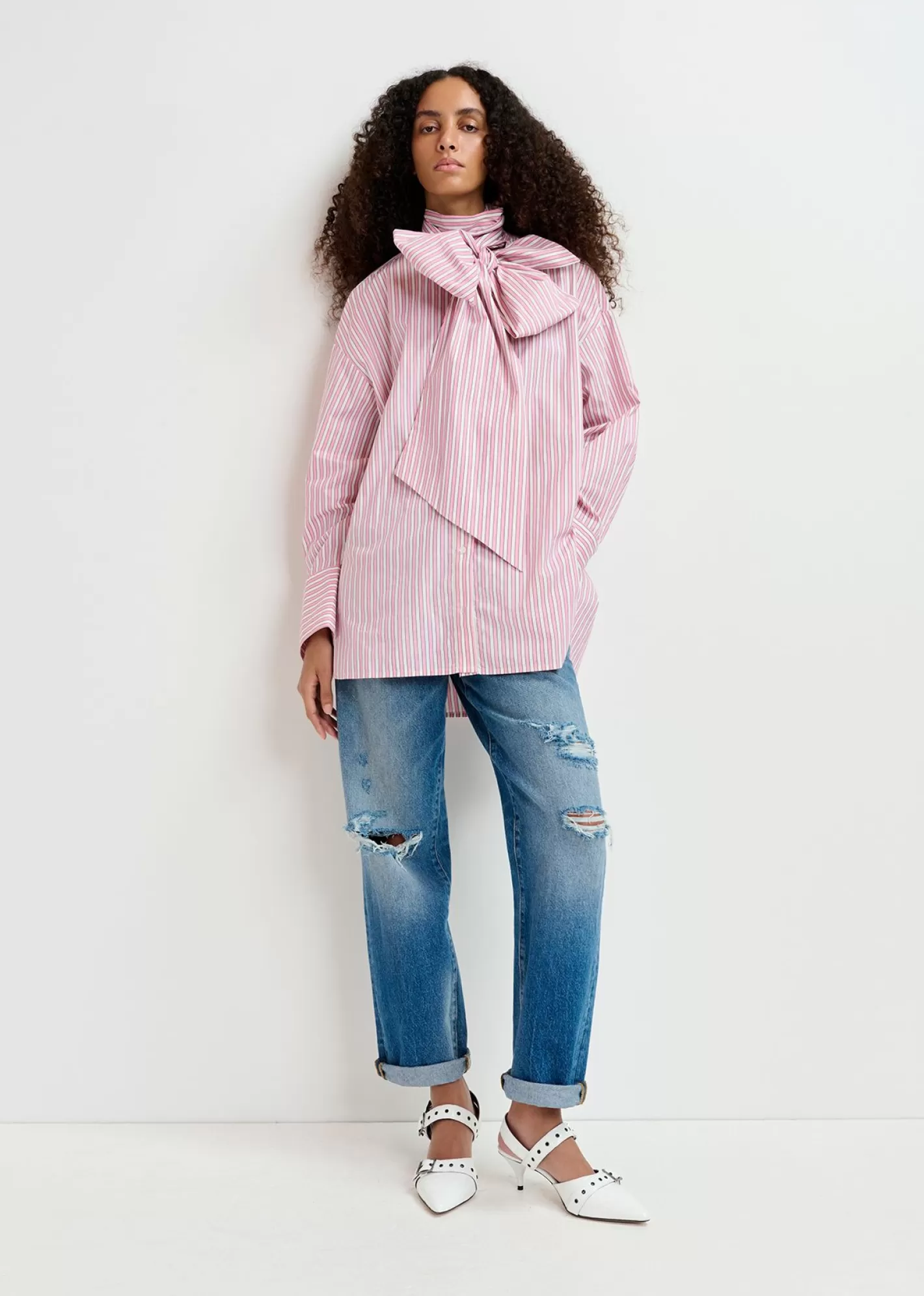 Discount Pink and white striped cotton shirt with pussy bow Fall 2024 Collection | Tops & Blouses