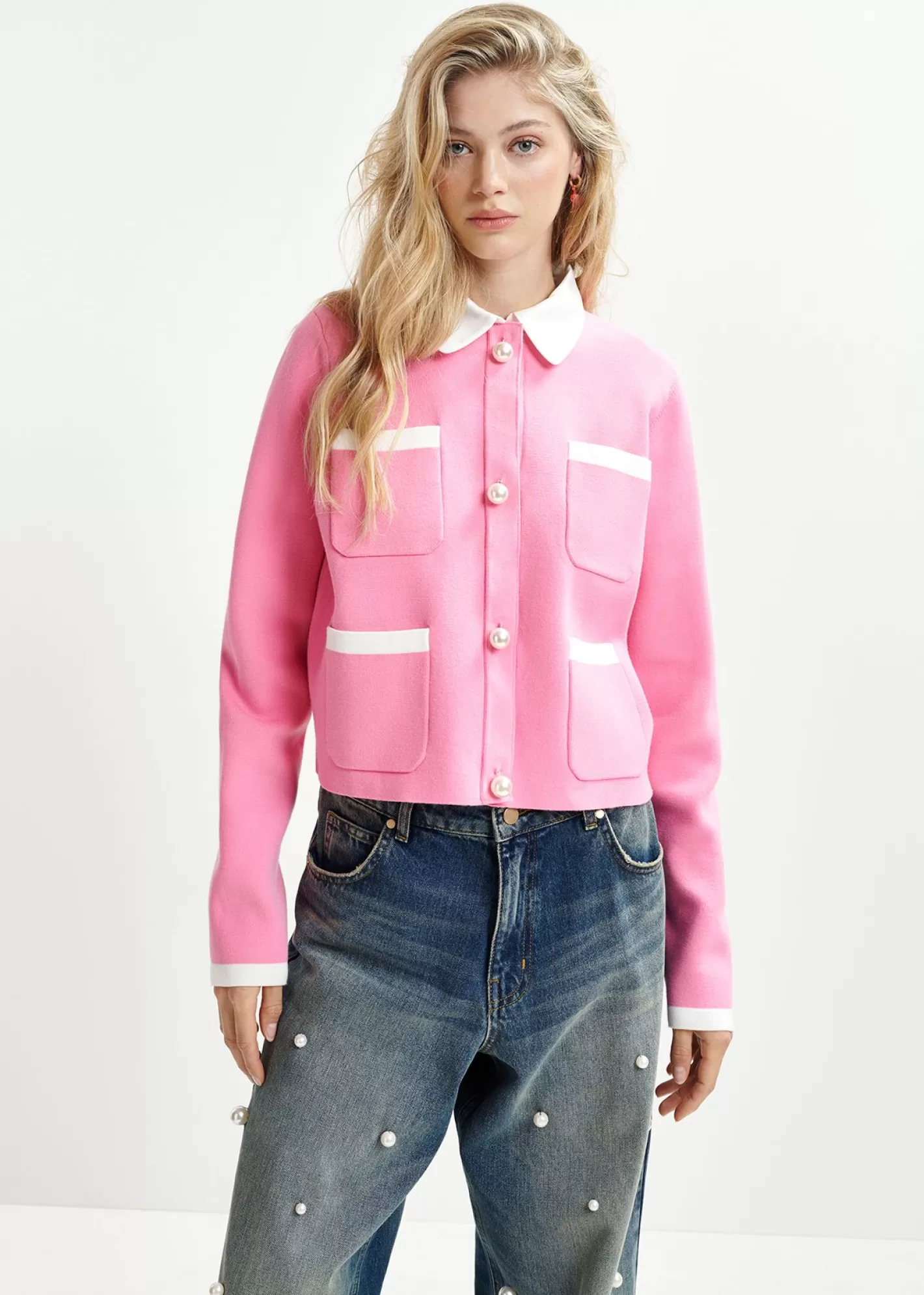 Outlet Pink knitted jacket with pearl buttons Coats & Jackets