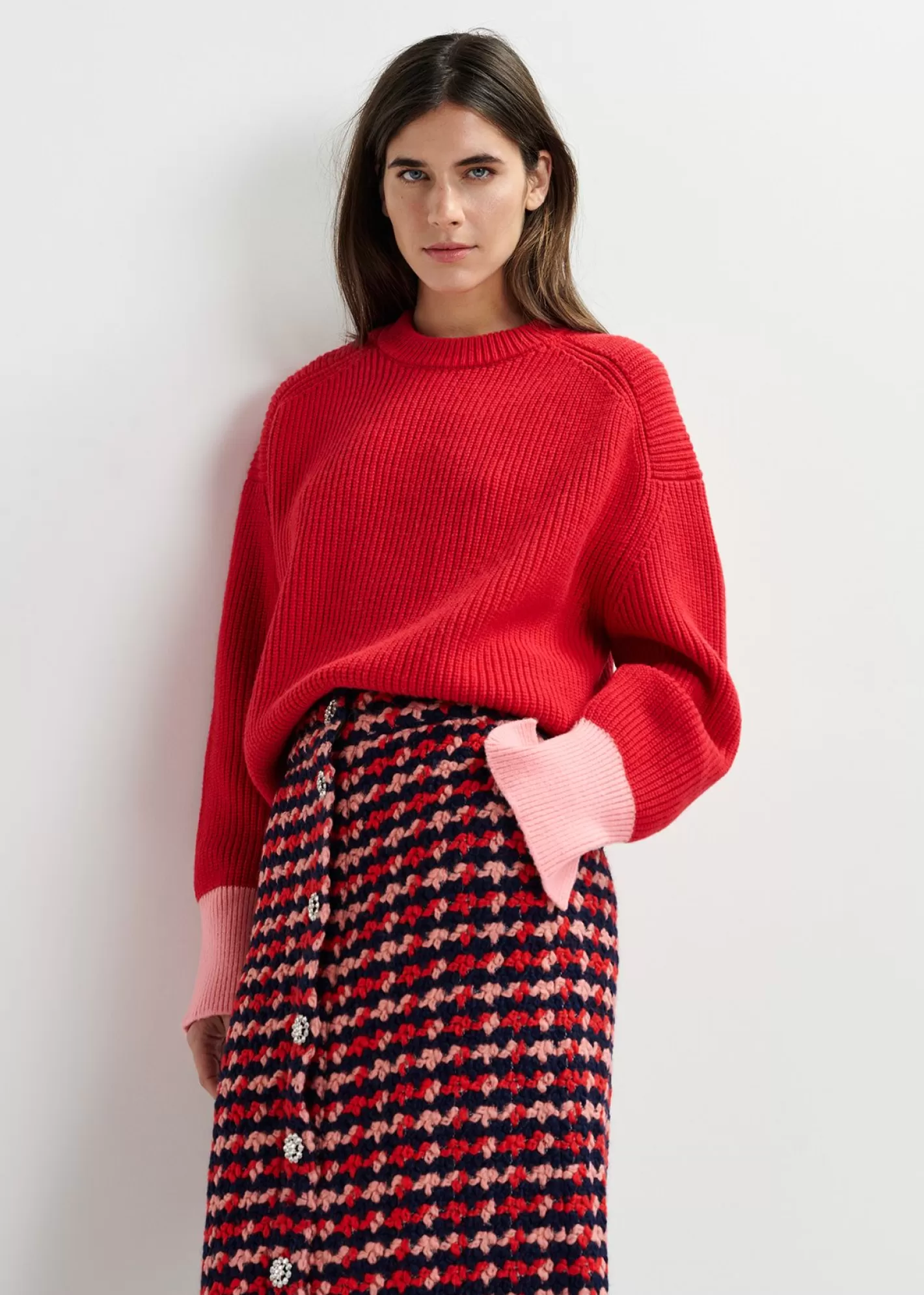 Best Sale Red knit sweater with contrasting cuffs Fall 2024 Collection | Sweaters & Cardigans